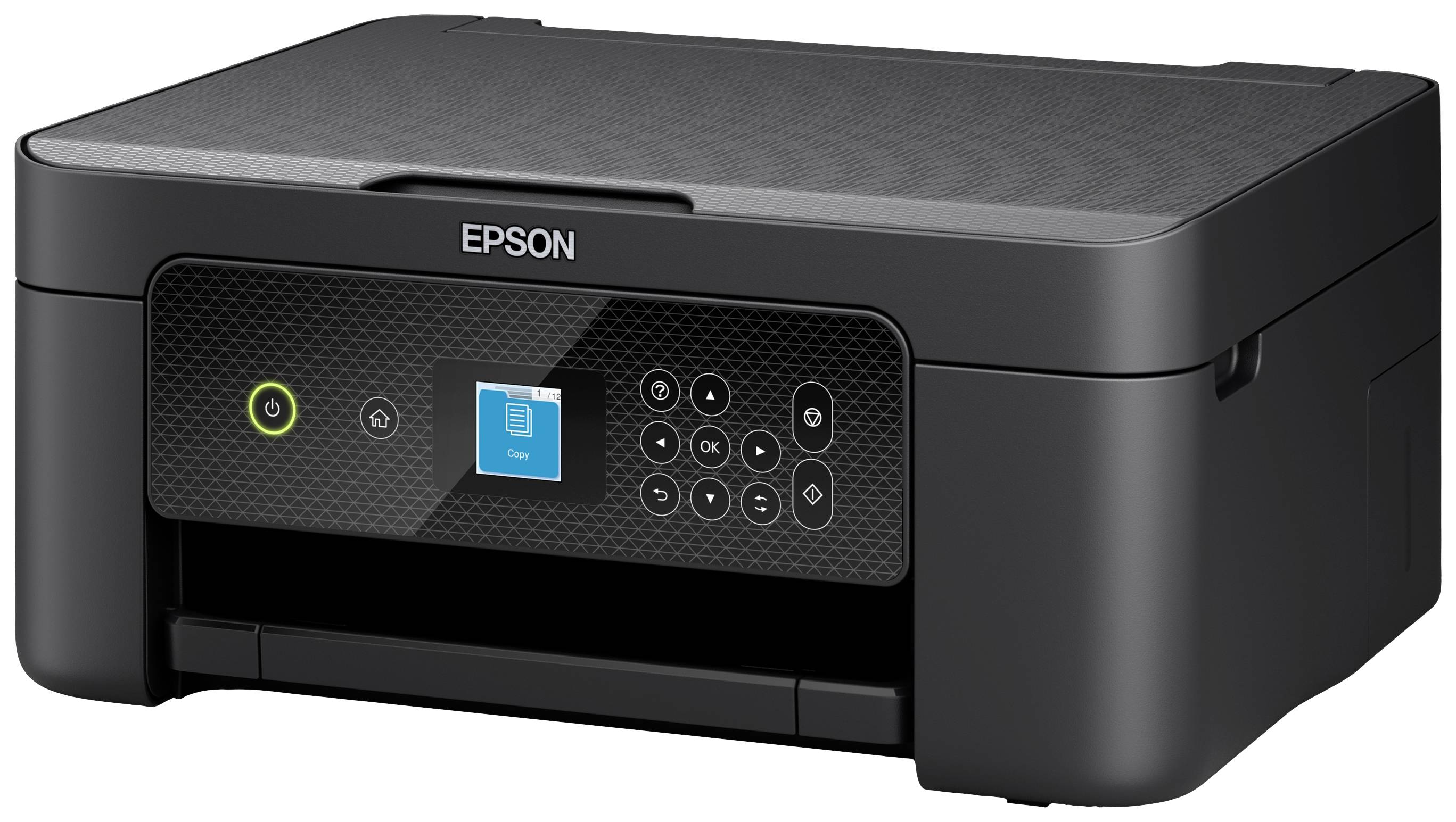 Black Epson multifunction printer with control panel and display. Suitable for printing, scanning, and copying in the office or at home.
