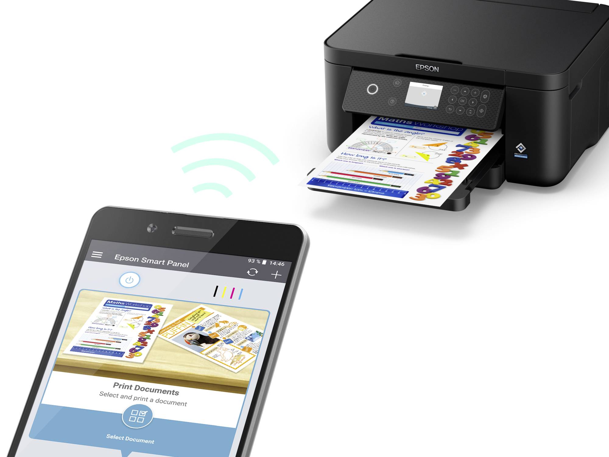 A smartphone wirelessly controls a printer that outputs colour-printed documents. The 'Epson Smart Panel' app is displayed on the mobile phone.