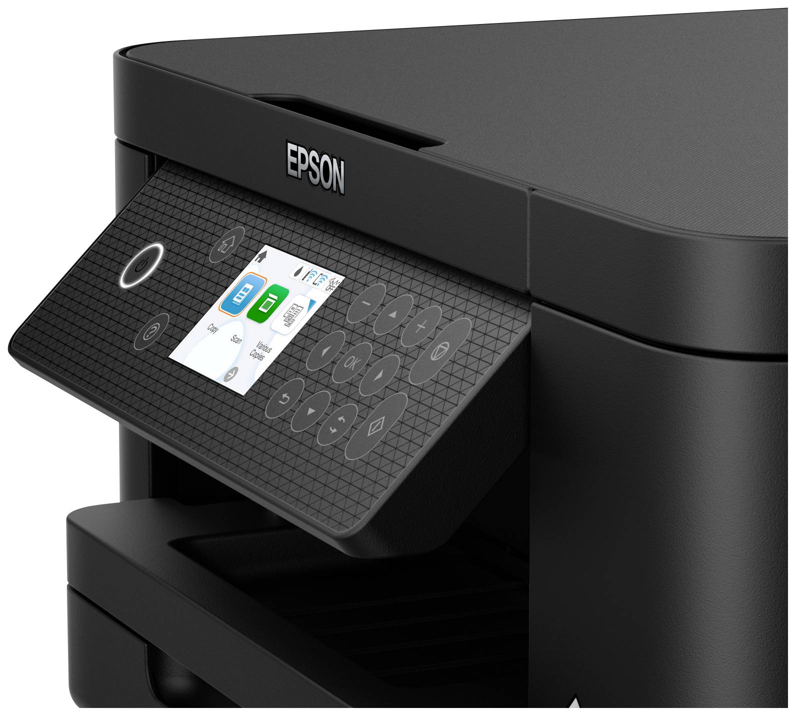 A black printer with an angled control panel featuring a digital display and buttons.