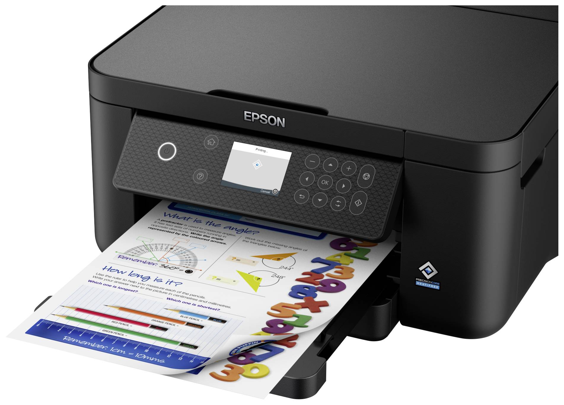 A black printer is printing a coloured document with graphics and numbers, with the brand name 'Epson' clearly visible on the device.