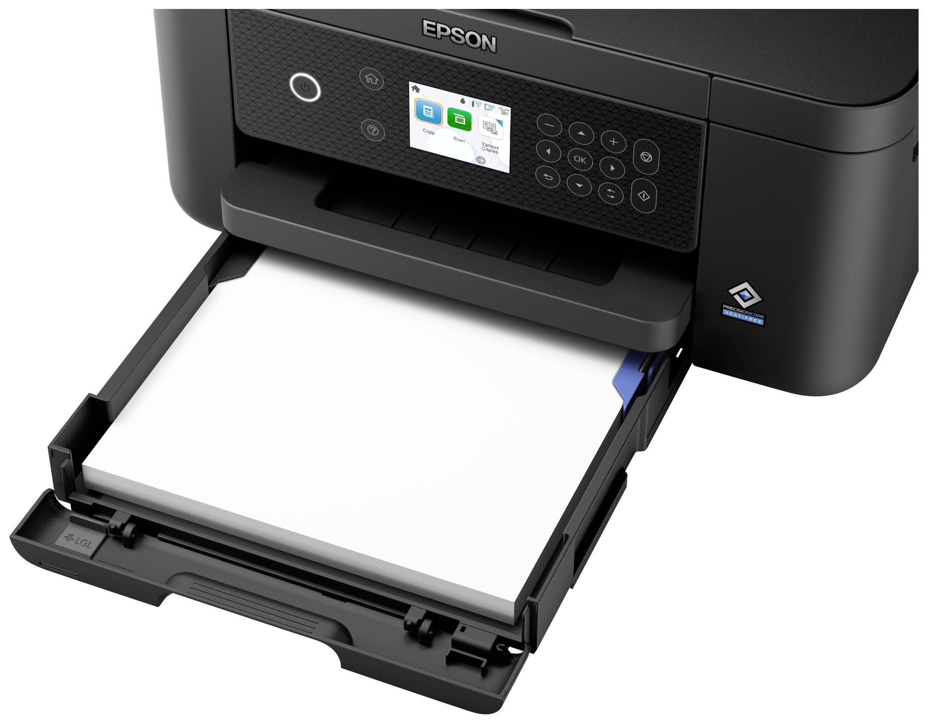A black Epson printer with an open paper tray containing white sheets. Various symbols are illuminated on the display.