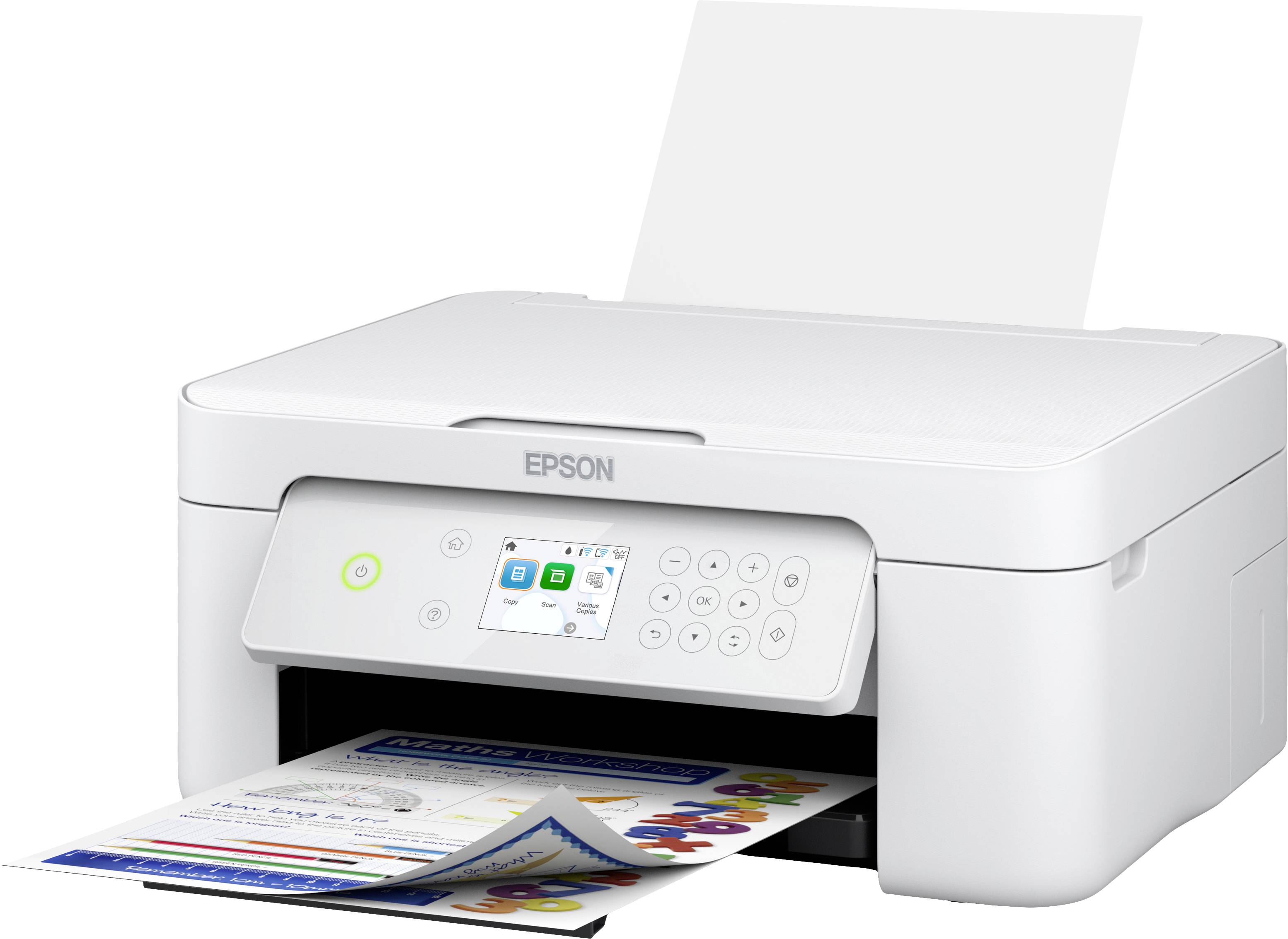 A modern, white printer is printing a coloured document with graphics and diagrams. The display shows printing options.