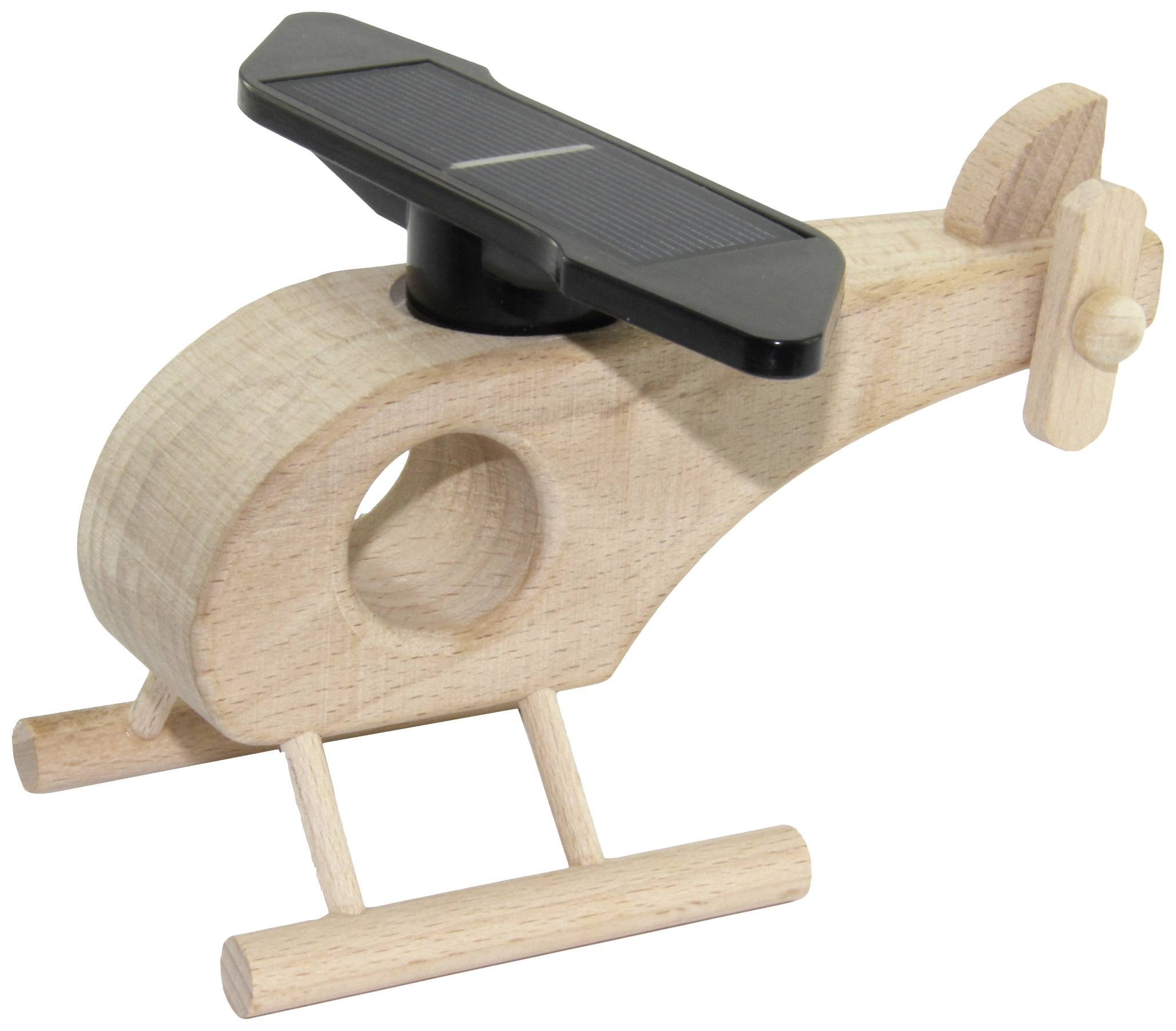 Wooden toy helicopter with solar module on top, demonstrating sustainability and renewable energy for children.