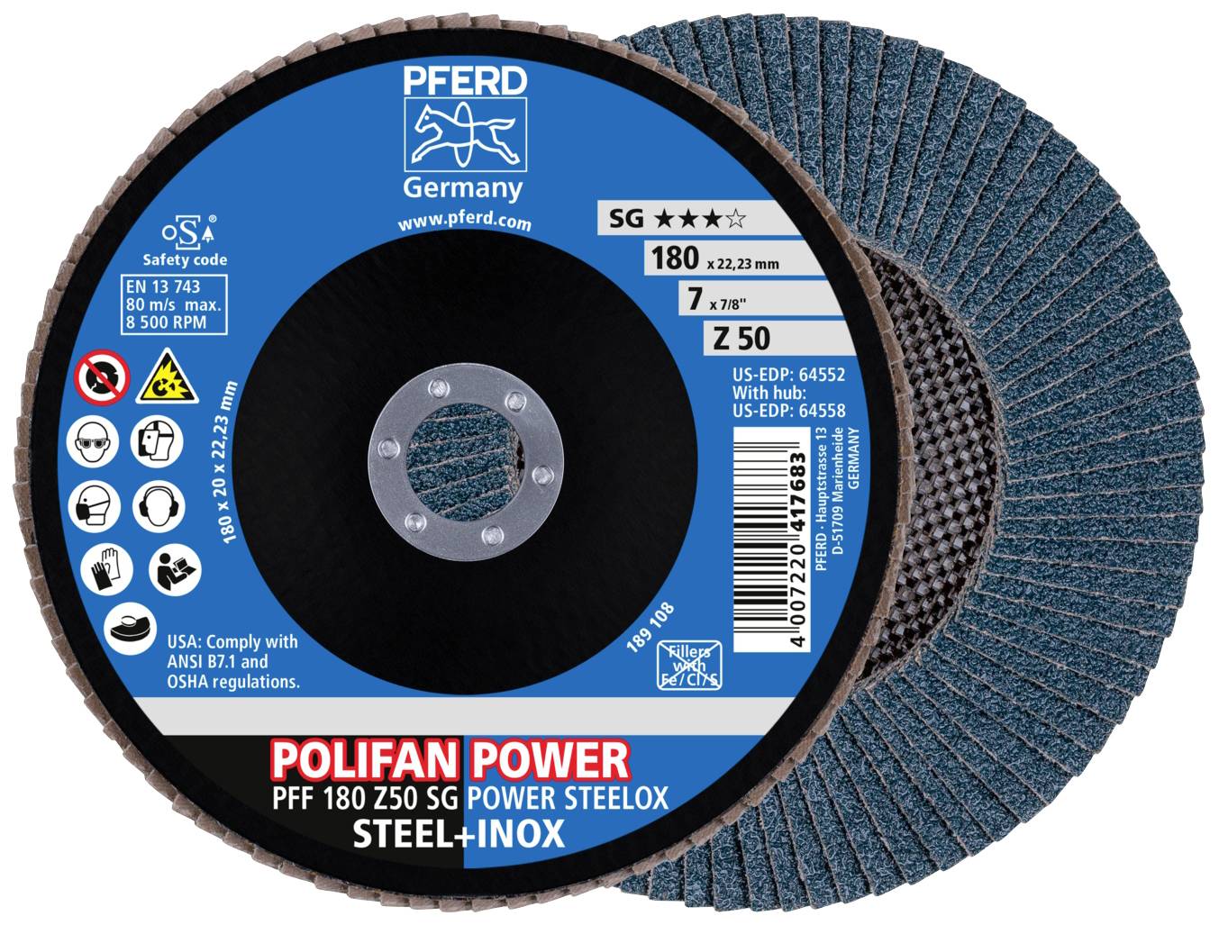 Two roughing discs by PFERD for steel and stainless steel, POLIFAN POWER model, 180 mm diameter, grit Z 50, max. 8,500 rpm.