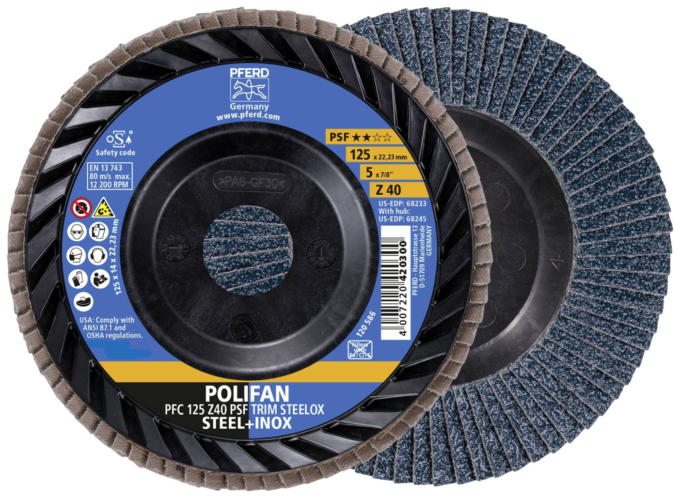 'POLIFAN PFC 125 Z40' Flap Discs by PFERD for Steel and Stainless Steel, suitable for aggressive grinding work. 125 mm diameter.