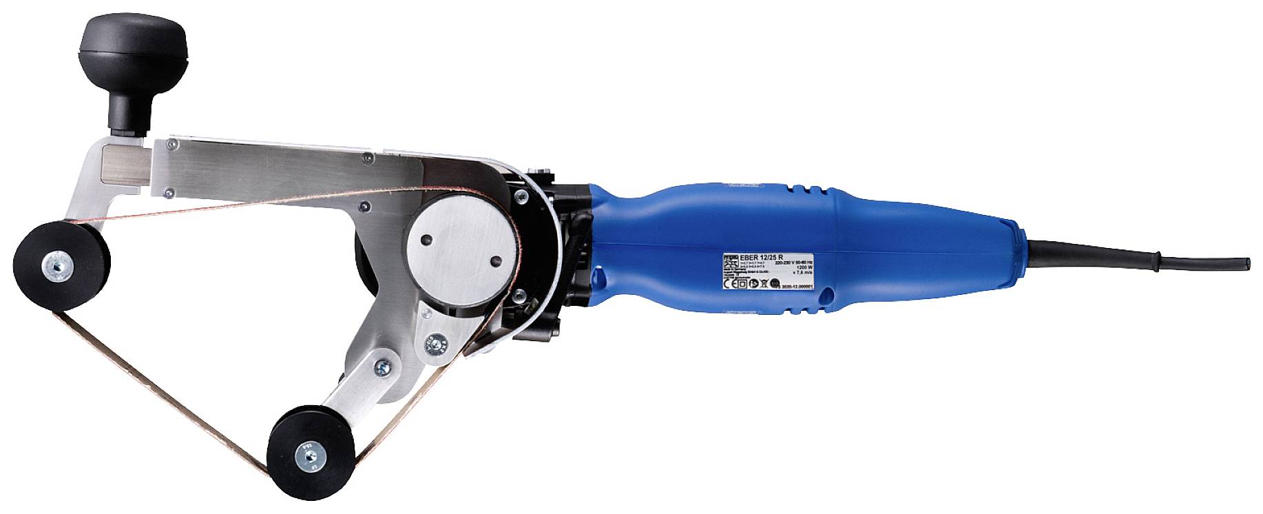 An electric grinding tool with a blue handle and sanding belt. It is used for surface processing.