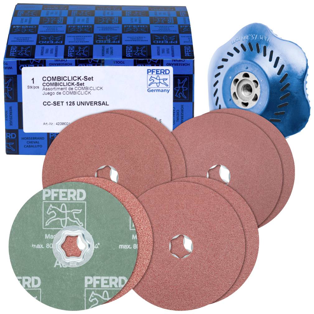 Grinding disc set displayed before packaging, including blue holder and 5 red grinding discs, suitable for various grinding tasks.