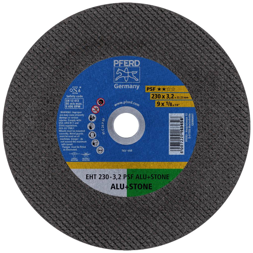 Grinding disc with blue label, brand 'Pferd Germany', size 230 x 3.2 mm. Suitable for aluminium and stone.