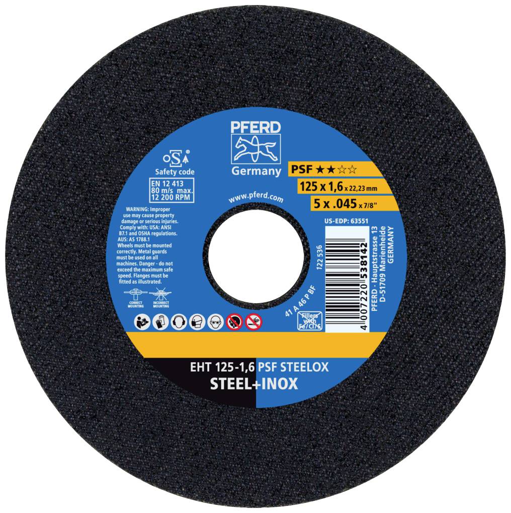 Cutting disc by PFERD Germany, model PSF STEELOX, 125 mm diameter, suitable for steel and stainless steel, with blue and black labelling.