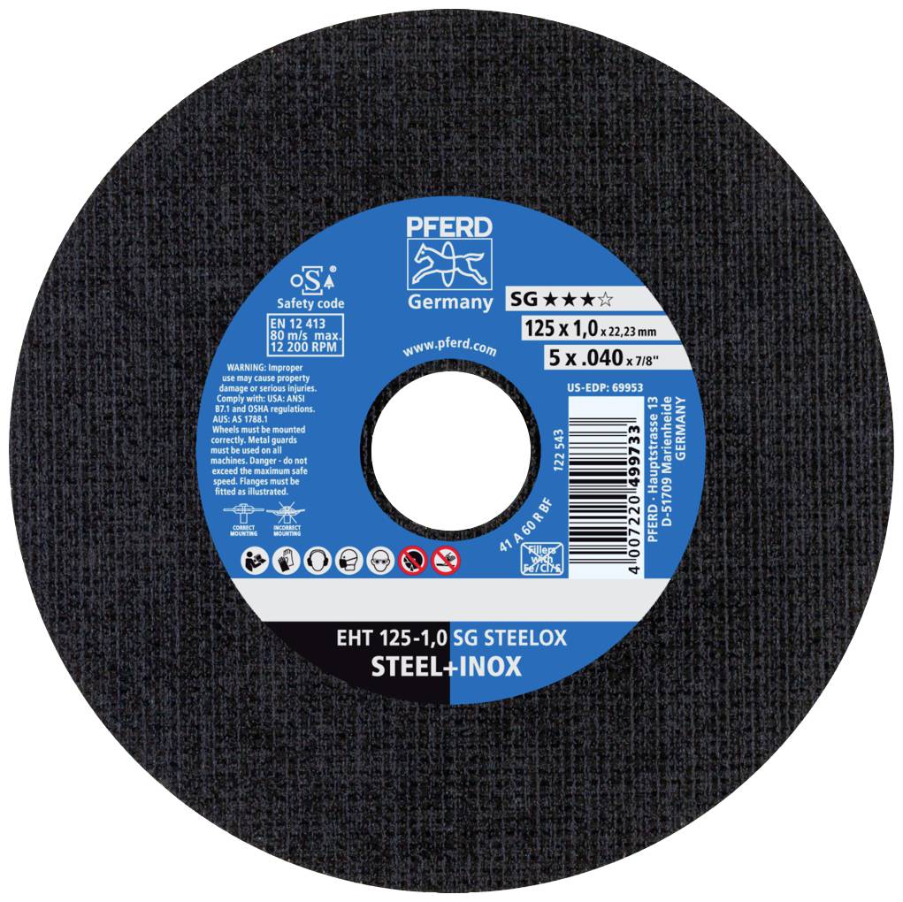 PFERD grinding disc, model SG, dimensions 125 x 1.0 x 22.23 mm, suitable for steel and stainless steel, blue labelled with safety code.