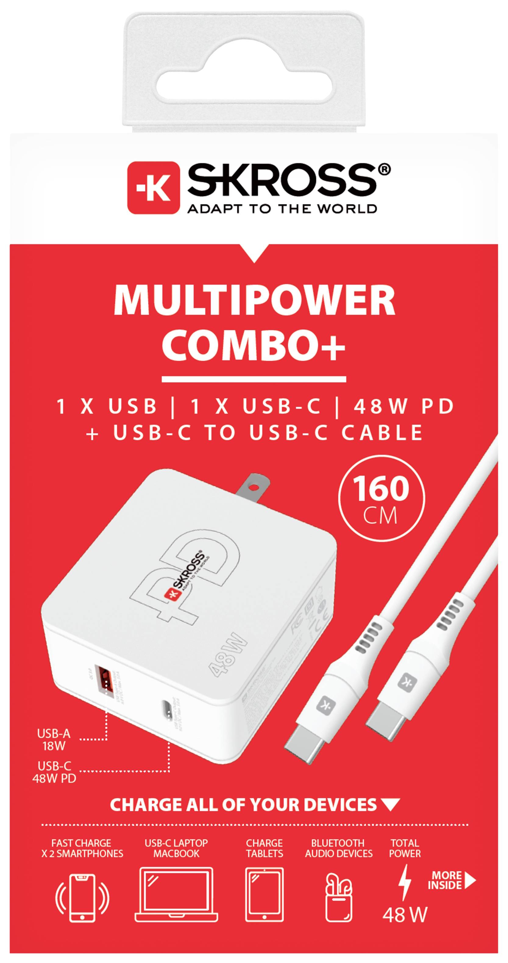 SKROSS charger packaging with 'MULTIPOWER COMBO+' inscription, showing USB-A, USB-C connections and a USB-C to USB-C cable. 48W power output.