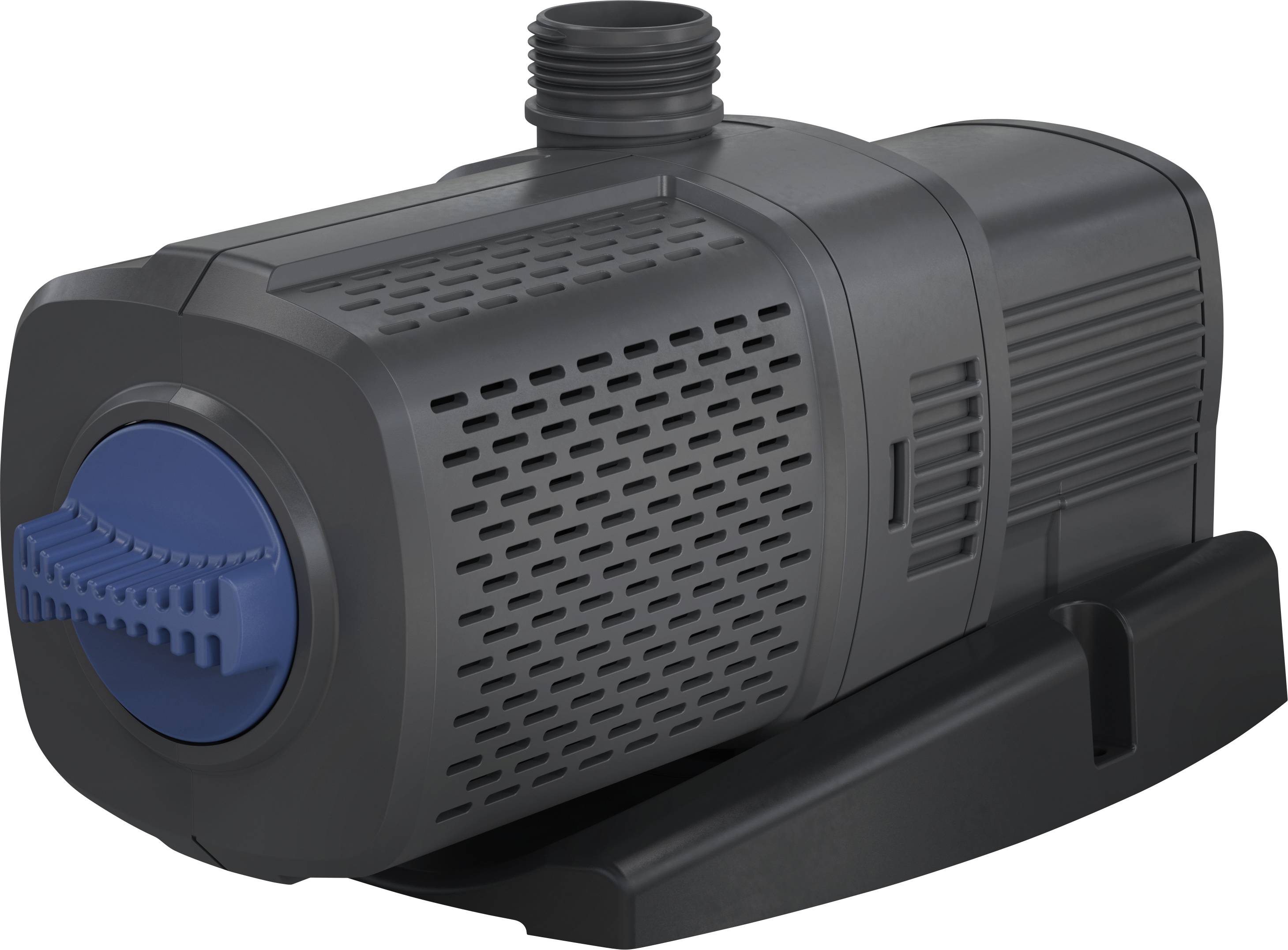 A black and blue water pump with a cylindrical design, featuring a perforated casing for airflow and a top-mounted outlet.