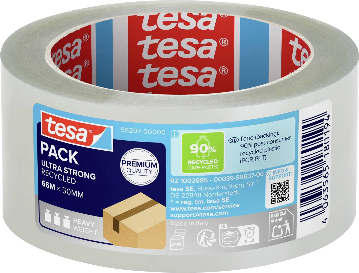 Transparent packing tape roll with 'tesa' branding. Label highlights '90% recycled tape parts' and dimensions '66M x 50MM'.