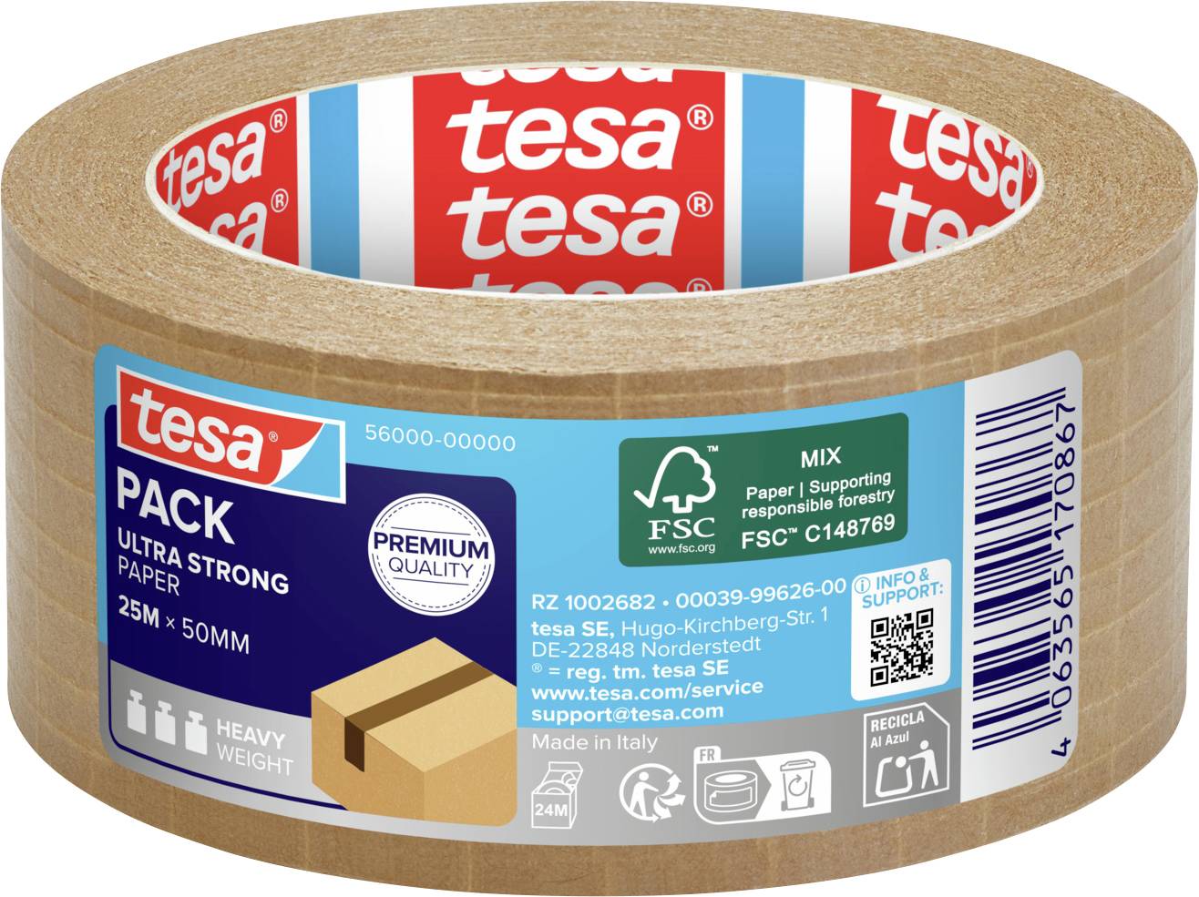 A roll of Tesa ultra strong paper packing tape, 25m x 50mm, features a cardboard box icon, FSC-certified, and premium quality label.
