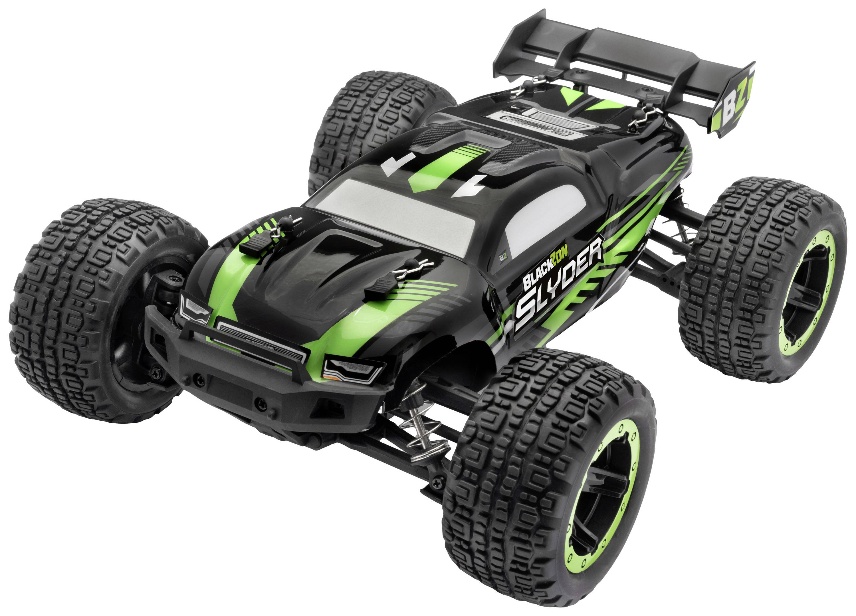 A remote-controlled car model 'Black Slider 4WD' in Black and Green, with large off-road tyres, ideal for off-road racing.