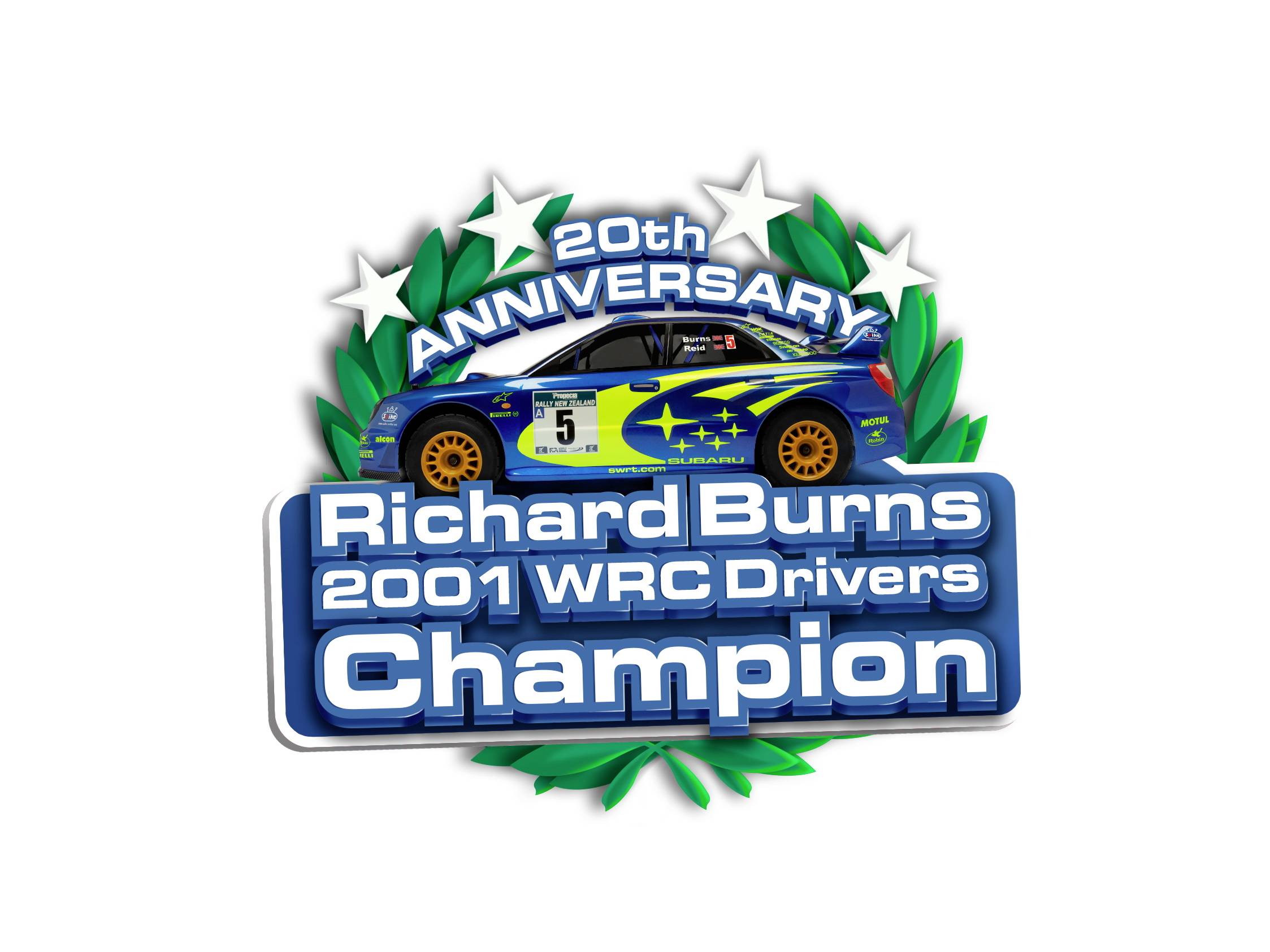 '20th Anniversary Richard Burns 2001 WRC Drivers' Champion' with a racing car and laurel wreath.