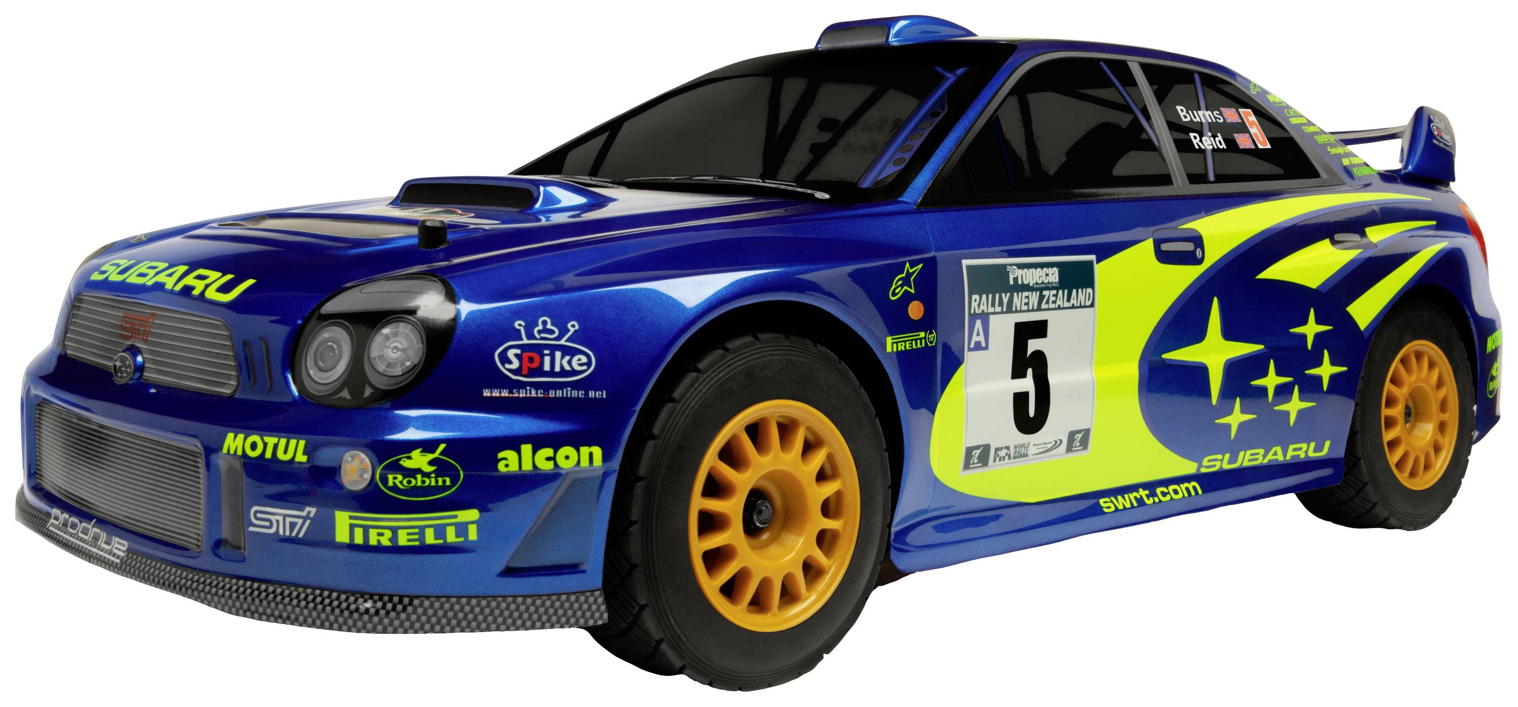 A blue rally car with yellow accents, bearing the number 5. Sponsor logos are visible, and the car is race-ready.