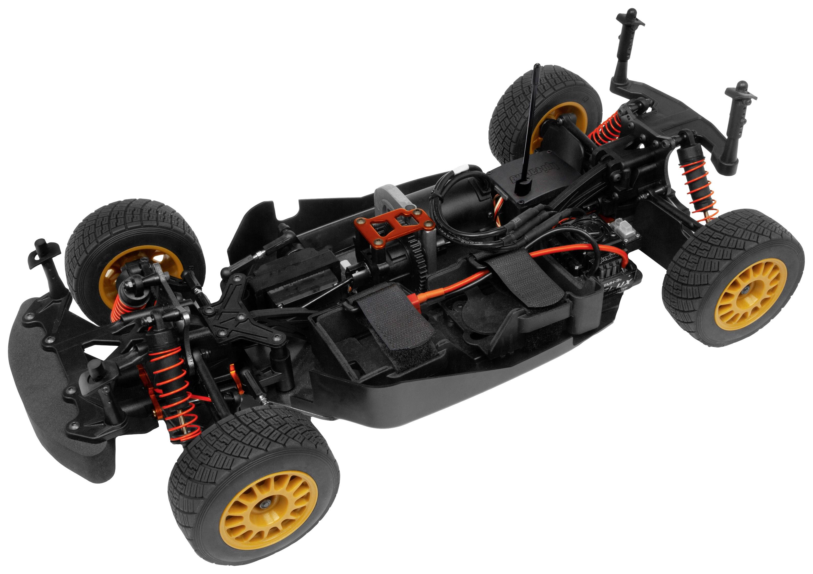 Remote-controlled car chassis with visible shock absorbers, drivetrain components and yellow wheel rims, without bodywork.