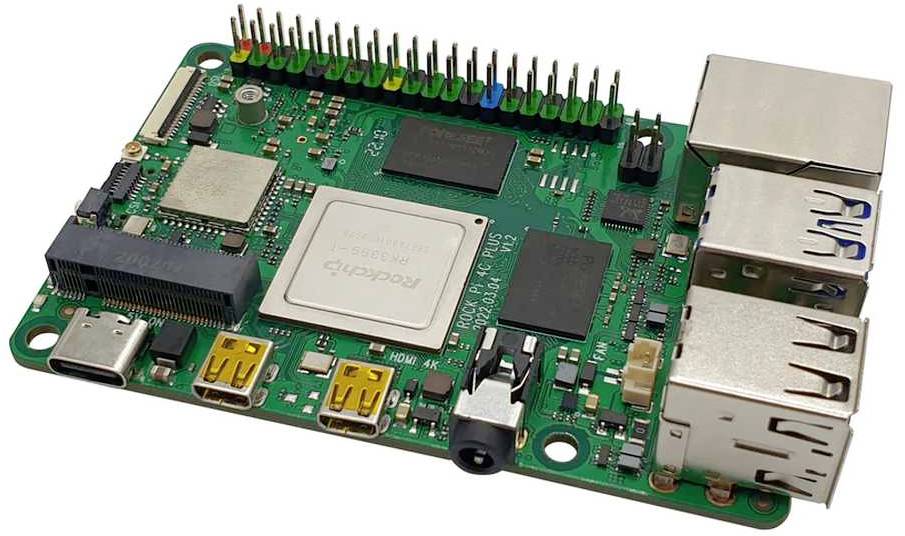 A green circuit board with various chips and ports, including USB and HDMI connections. This is a single-board computer.