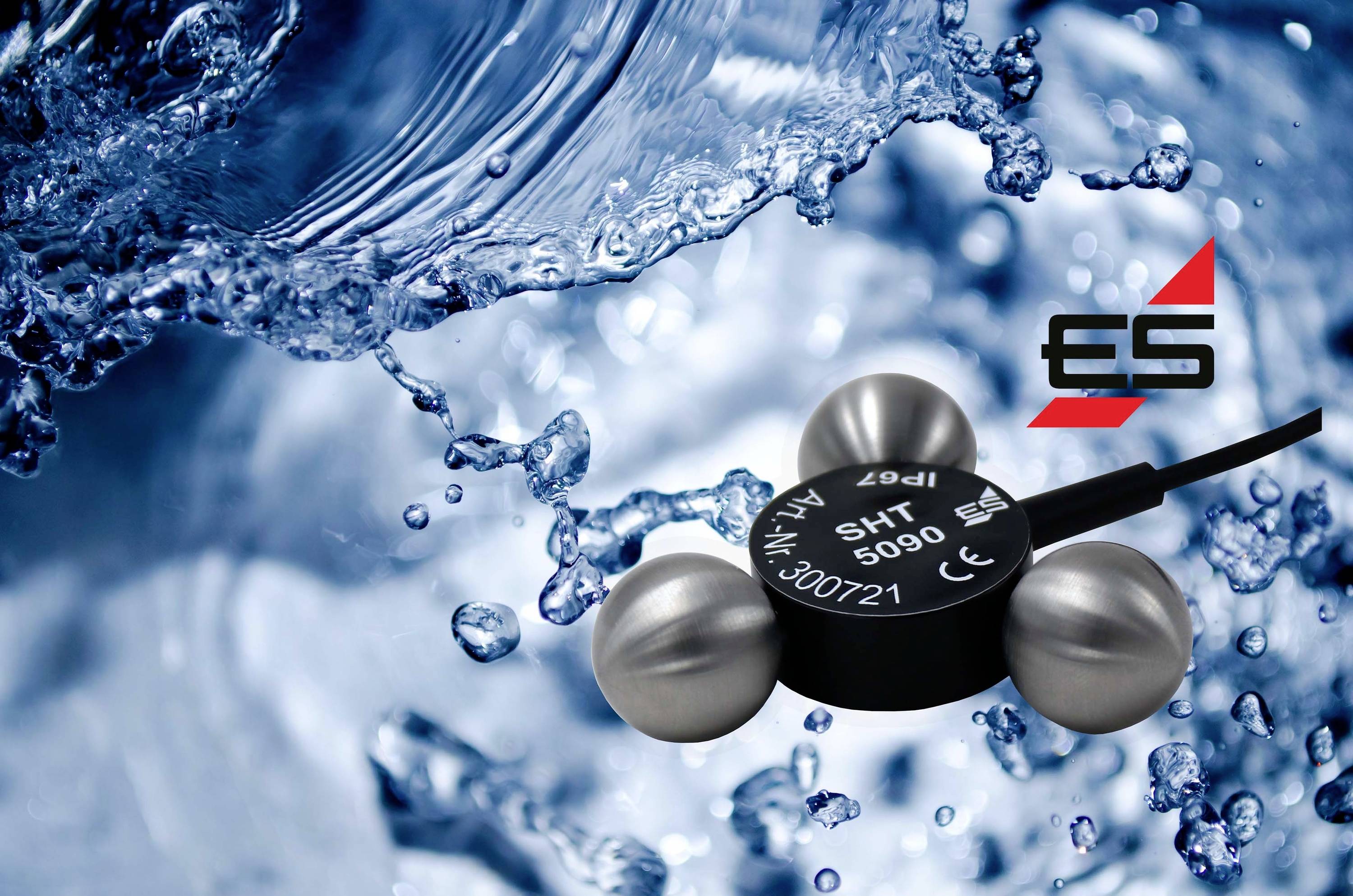 A sensor with 'SHT 5000' labelling hovers in front of a background of splashing water. ES logo top right.