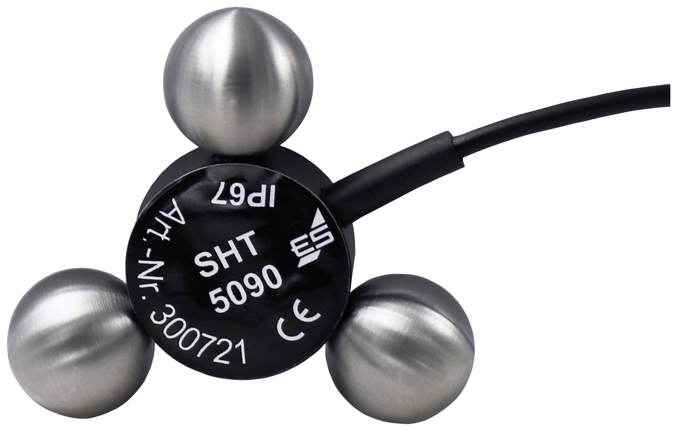 A round industrial sensor with three metallic spheres, label 'SHT 5090'. Used for technical applications.