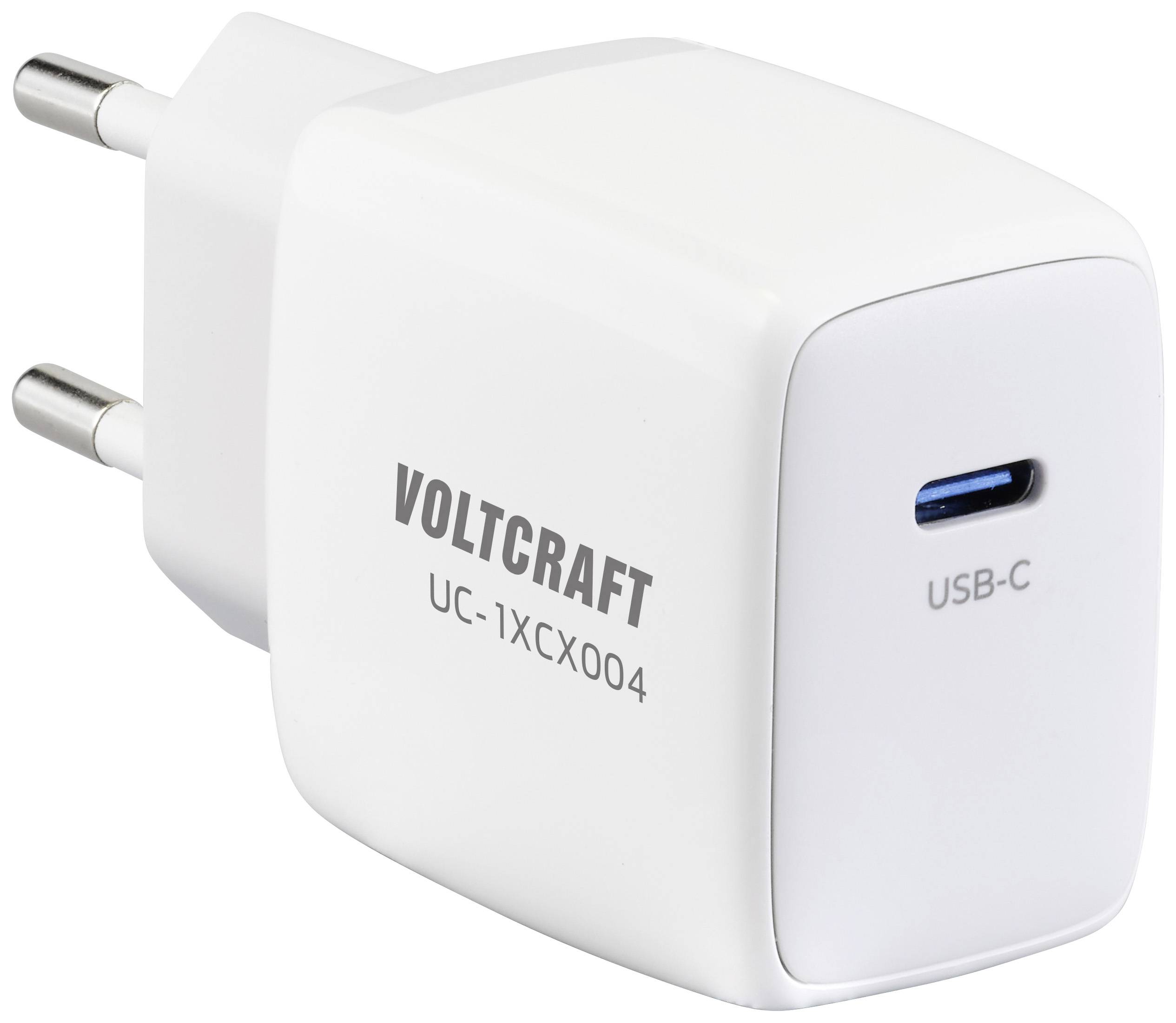 A white USB-C charger with EU plug by Voltcraft, model UC-1XCX004. Ideal for quickly charging devices.