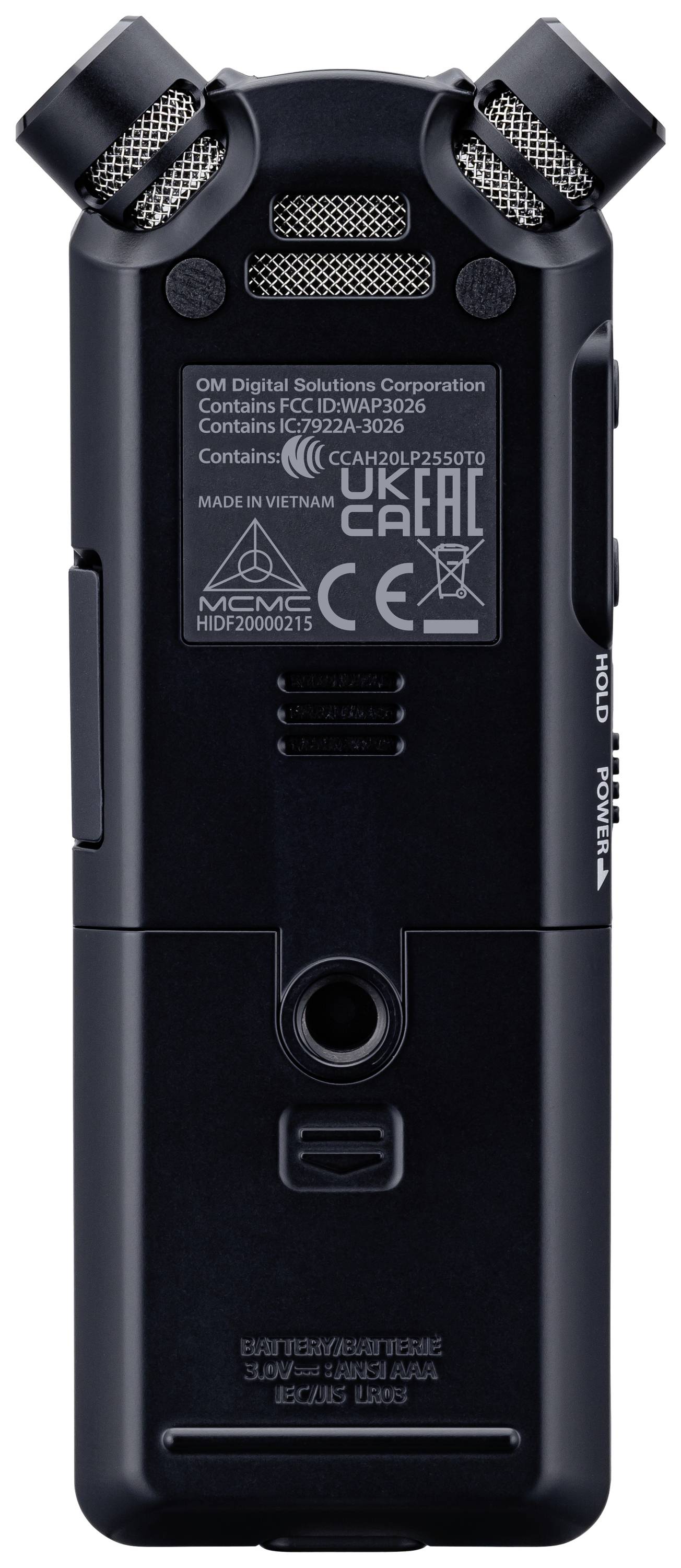 Handheld Audio Recorder in black, rear view showing technical information and controls, two microphones visible on the top.