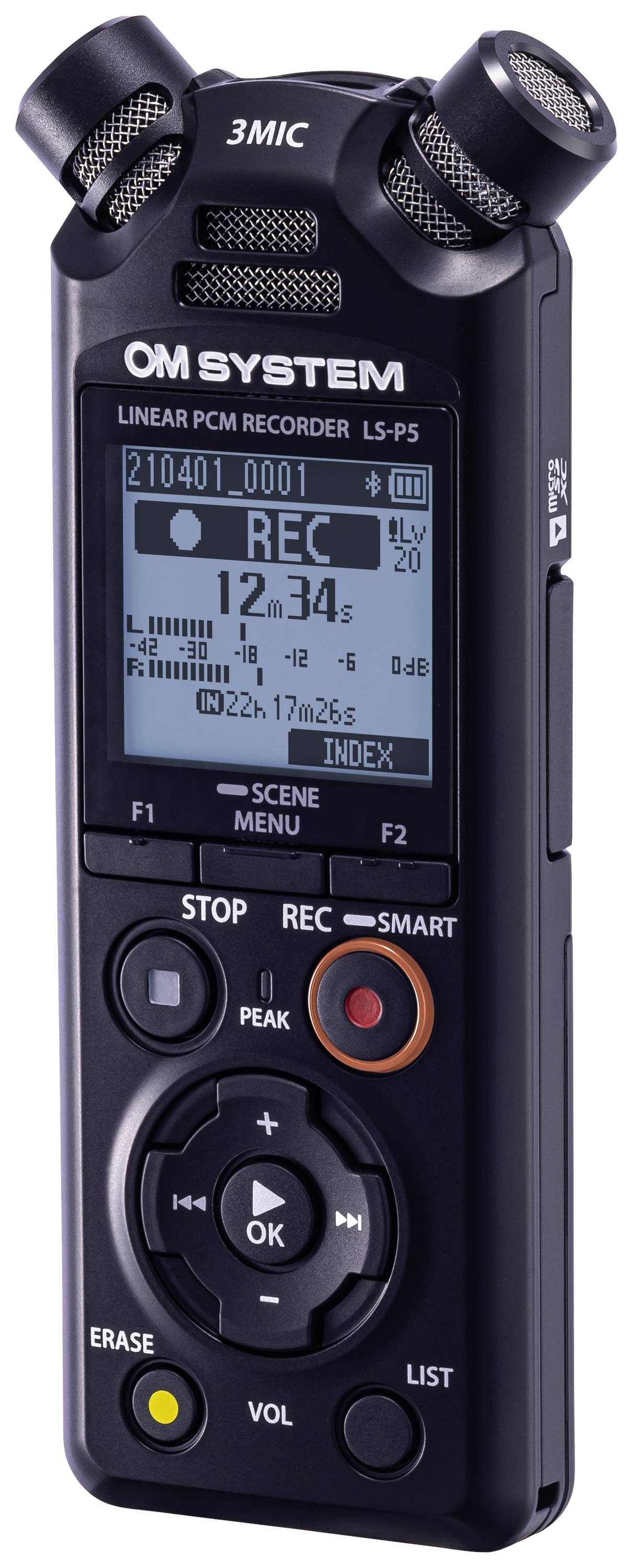 A portable audio recorder with multiple buttons and a display. The display shows recording information and settings.