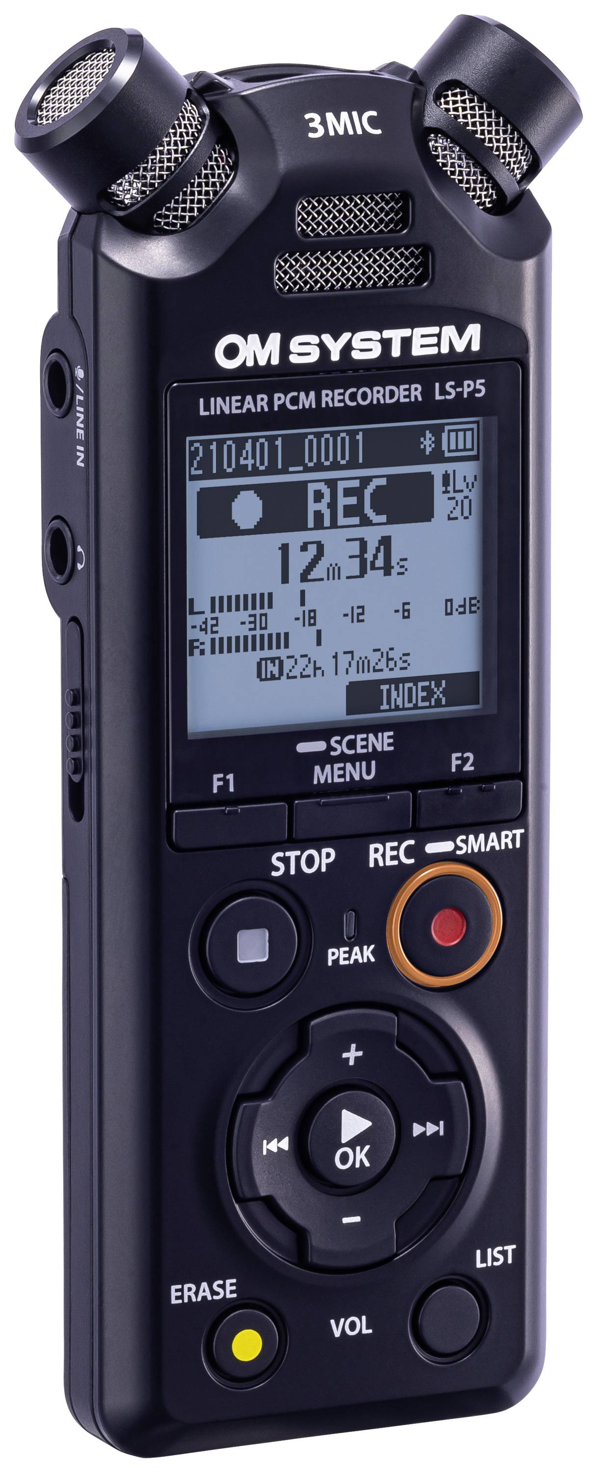 A portable digital audio recorder with a microphone. The screen displays recording and battery status.