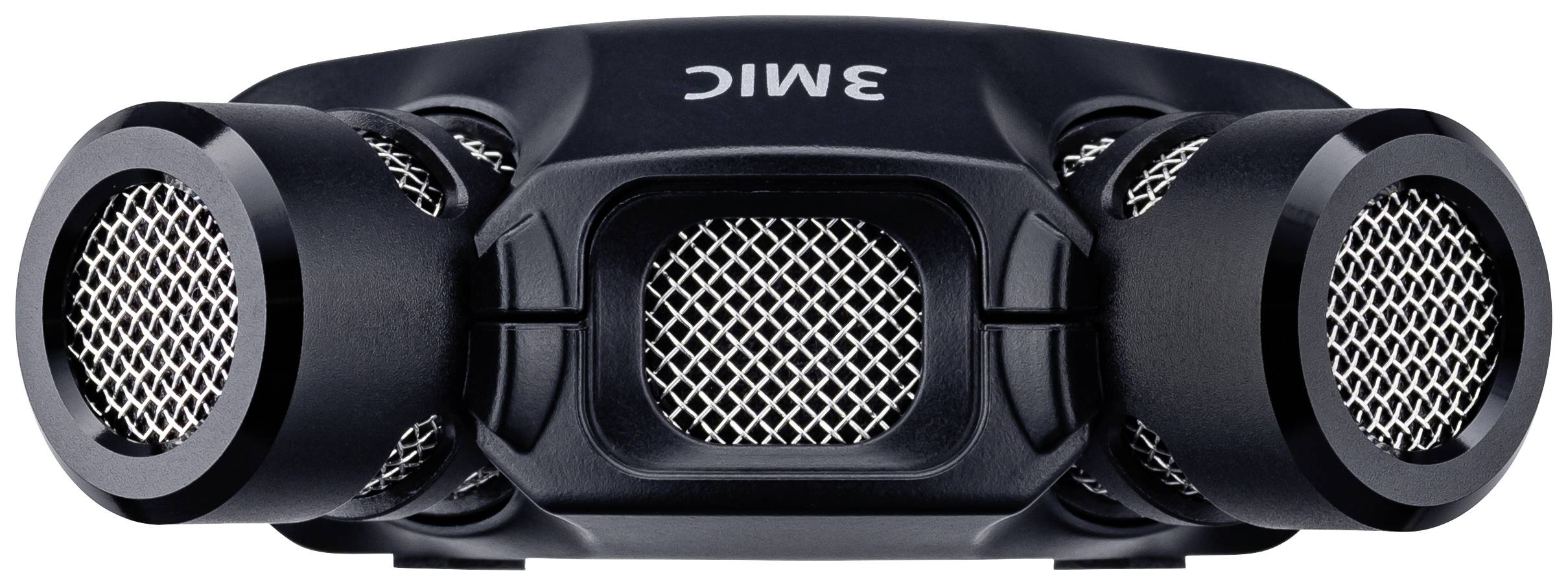 A black microphone with three distinctive, grid-like capsules facing forward to capture sound.
