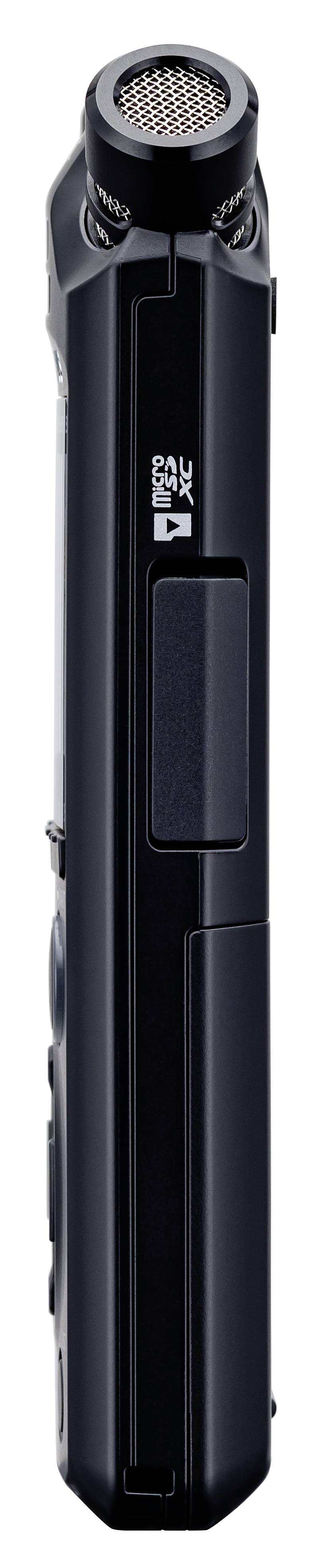 Black portable audio recorder shown from the side, displaying buttons and a microphone on top. Ideal for interviews or recordings on the go.