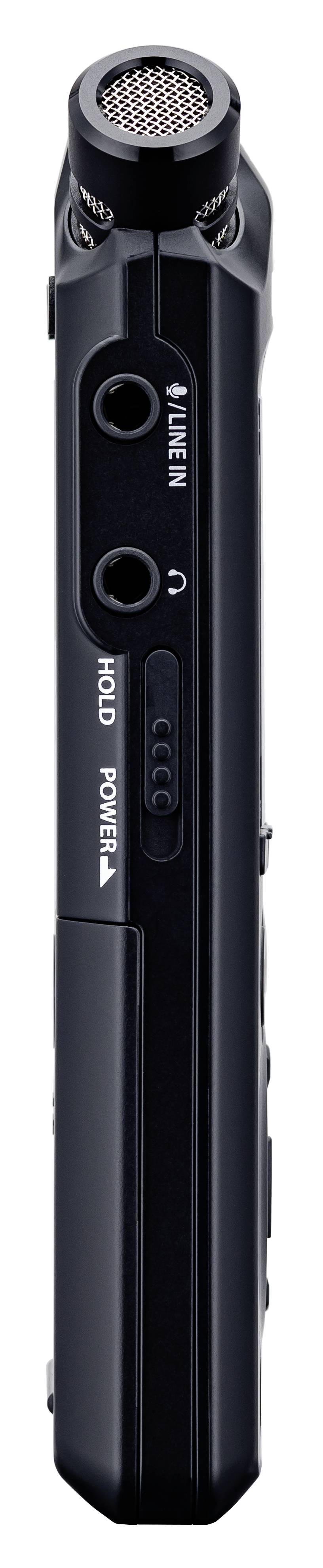 A dictaphone in black with a built-in microphone and control buttons, suitable for audio recordings.
