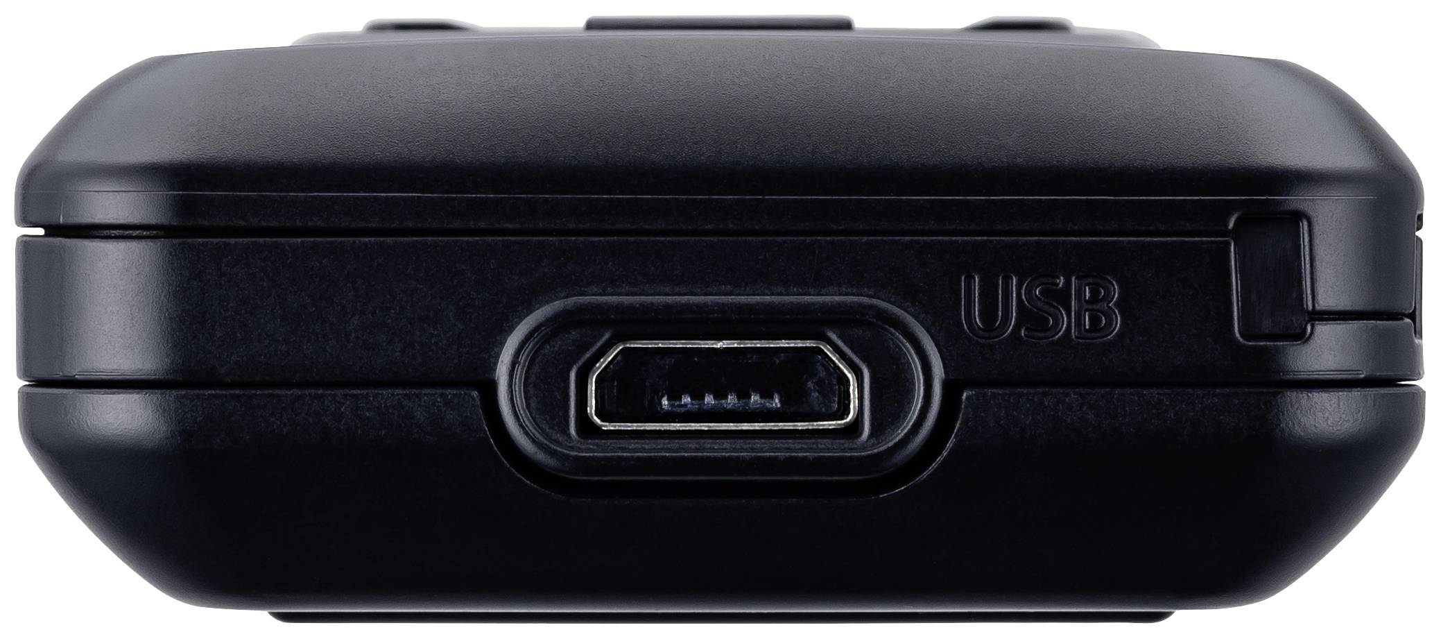Black electronic device with a USB port in the centre.