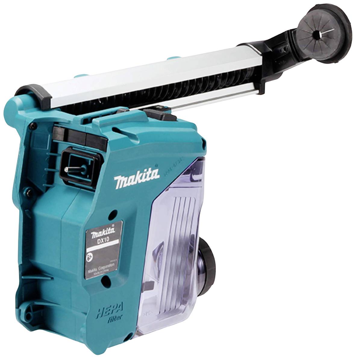 A turquoise Makita vacuum accessory with a HEPA filter, used with power drills to collect dust during drilling.