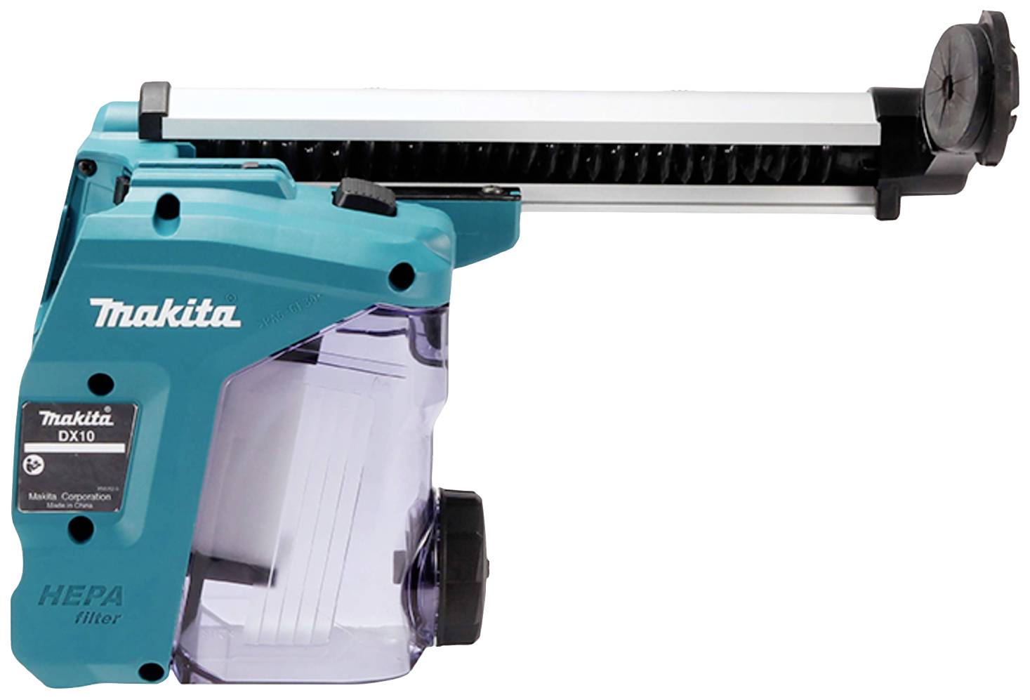 Electric vacuum attachment in teal with a transparent container and HEPA filter, suitable for power tools dust extraction.