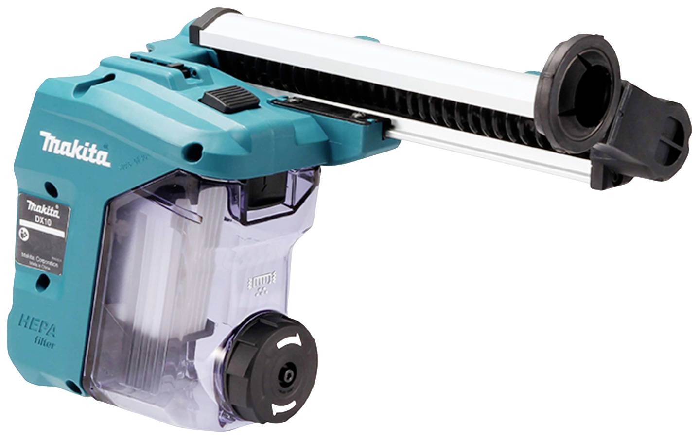 A turquoise vacuum attachment with a HEPA filter and transparent dust container, suitable for use with power tools.