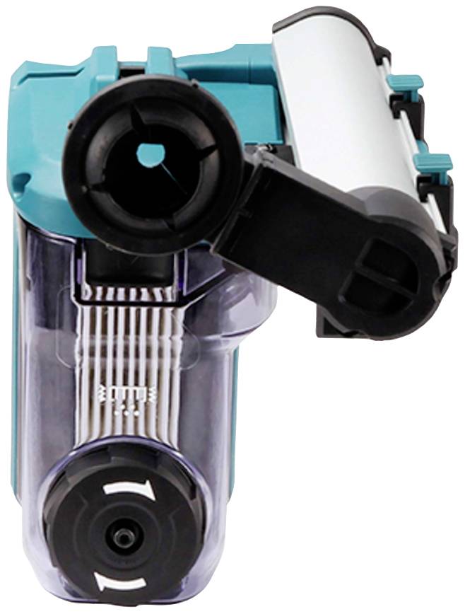 An electric blue and black water filter with tubes and cartridges in a transparent housing.