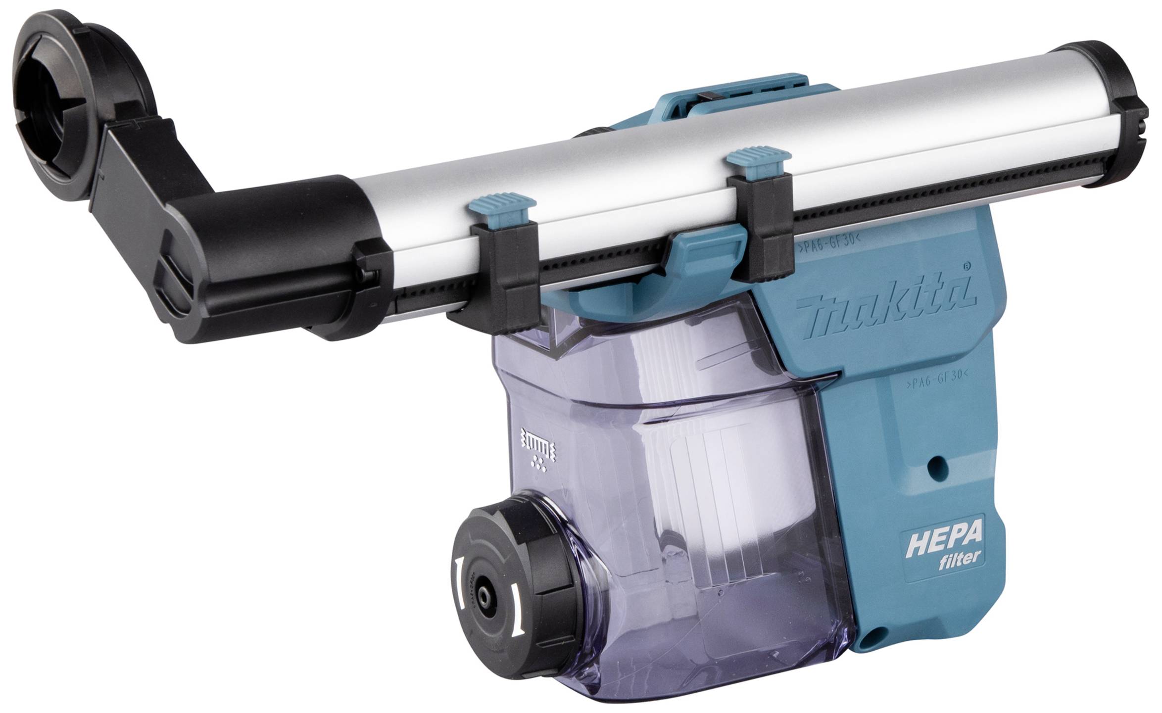 External dust extraction system in blue and black colours with a transparent dust collection container and HEPA filter label.