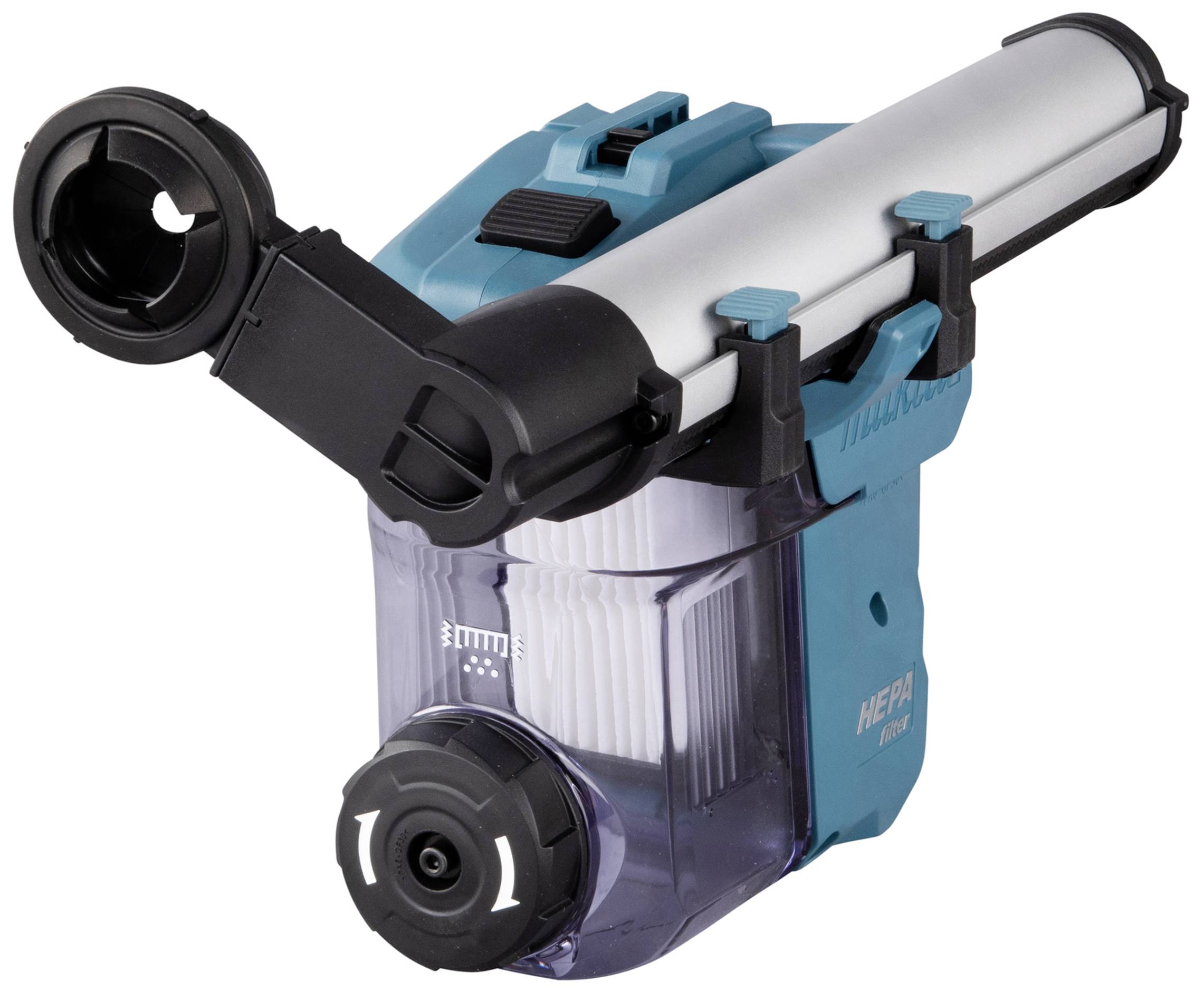 A blue and black vacuum cleaner attachment with a transparent container and HEPA filter, suitable for cleaning holes.