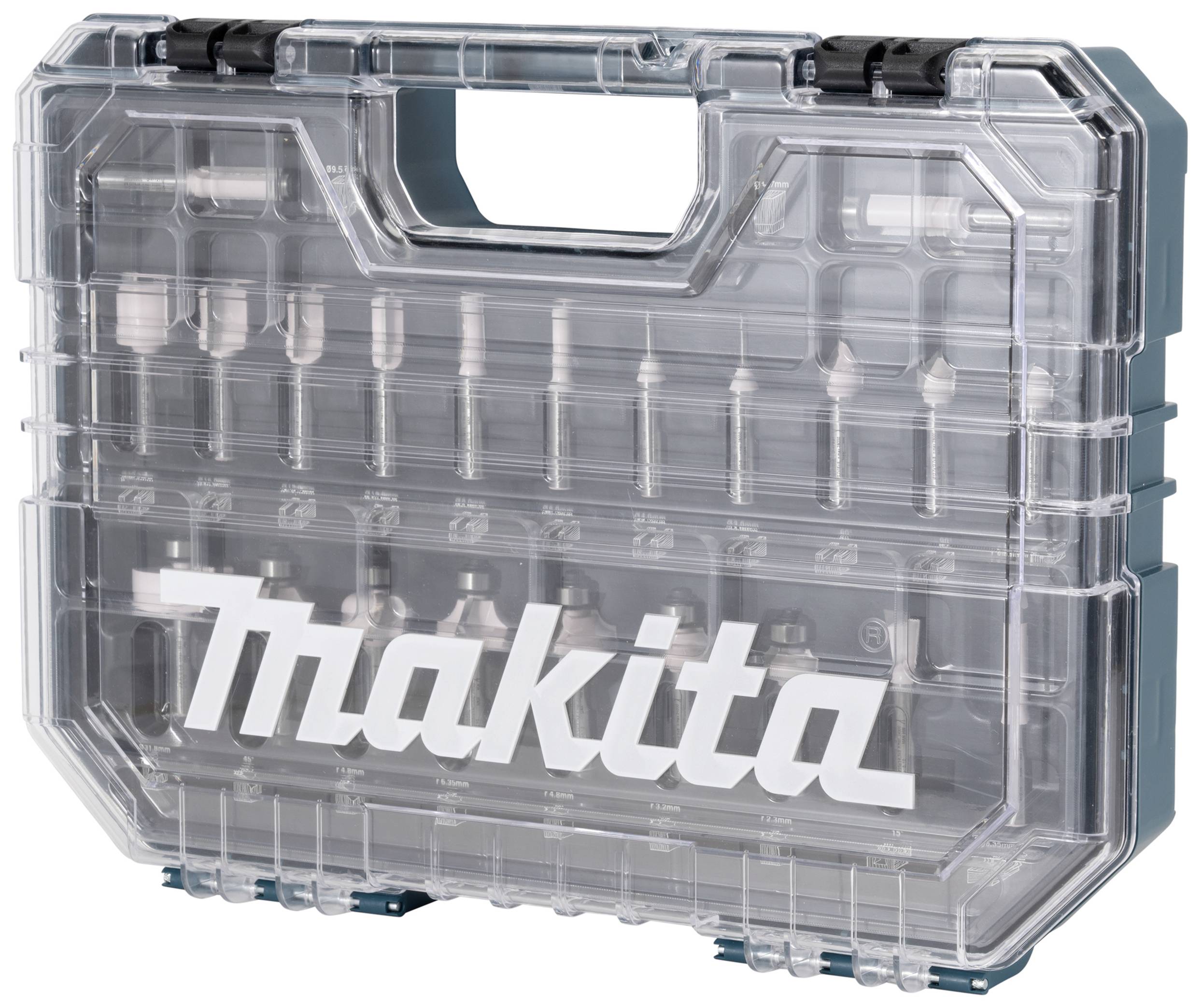 Makita toolbox with a transparent lid, revealing numerous drill bit attachments, suitable for DIY projects.