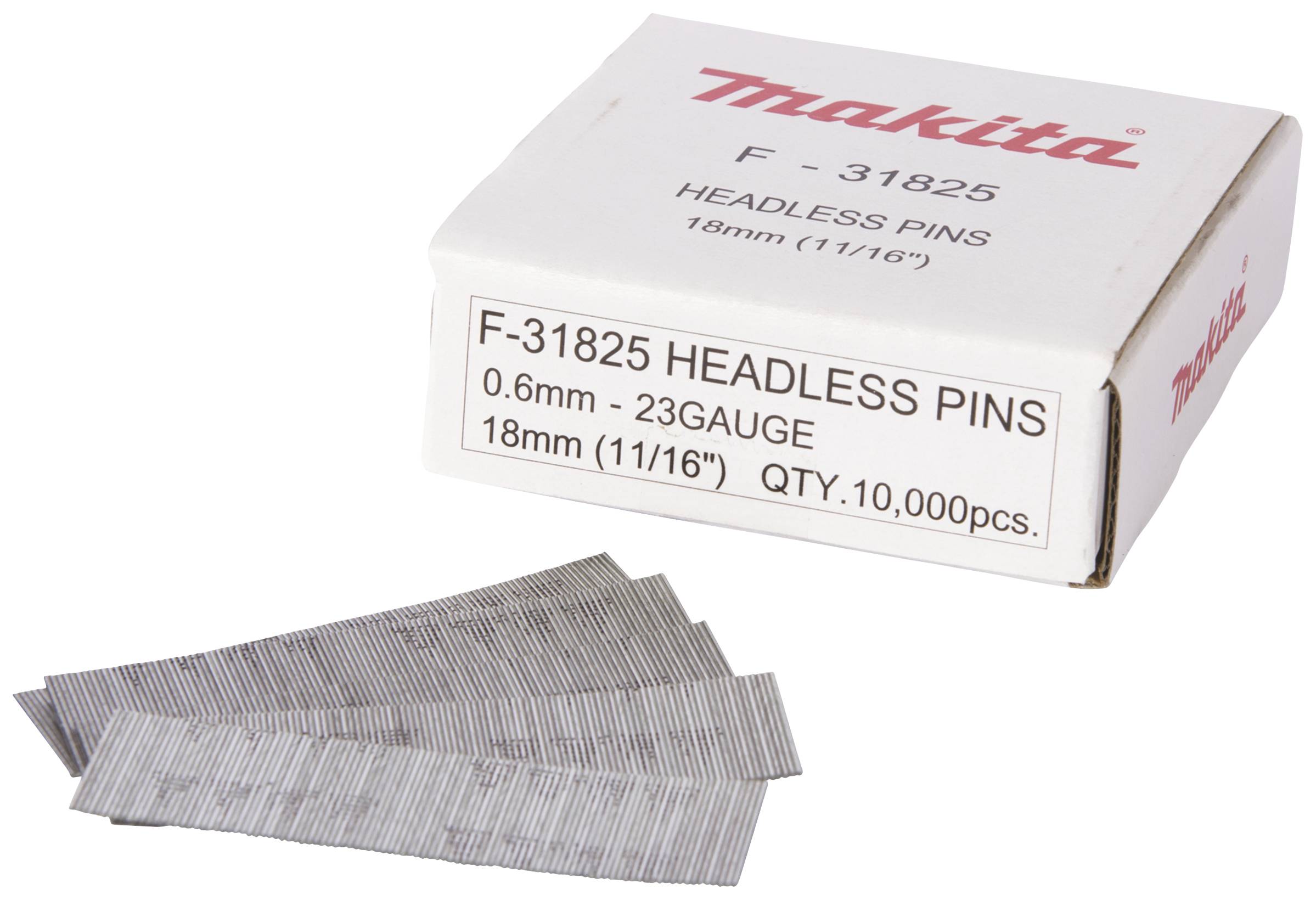 On a white surface lies an open box with the 'Makita' logo and the inscription 'Headless Pins' alongside numerous silver nails.