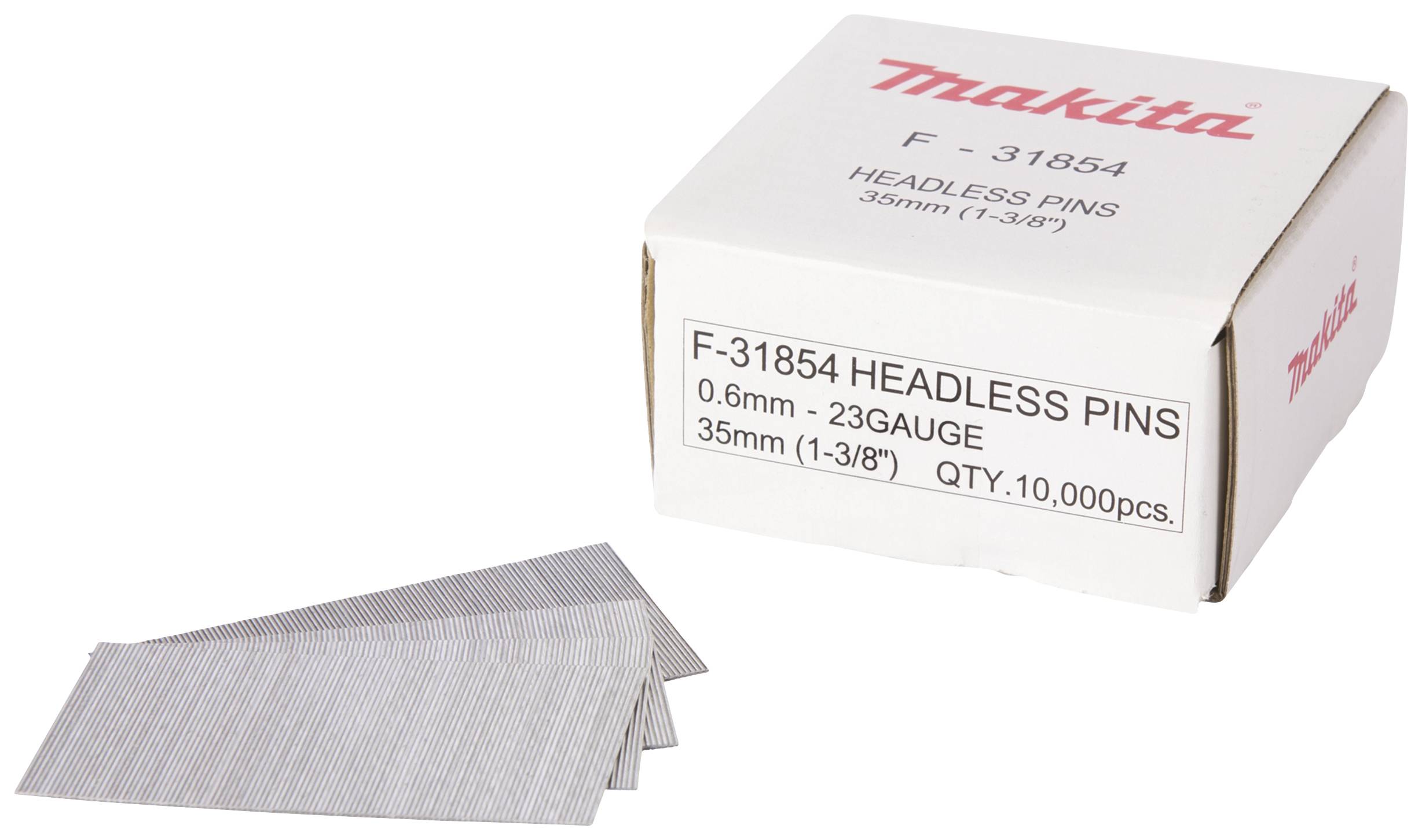 A box labelled 'Makita F-31854 Headless Pins, 0.6mm - 23 Gauge, 35mm (1-3/8