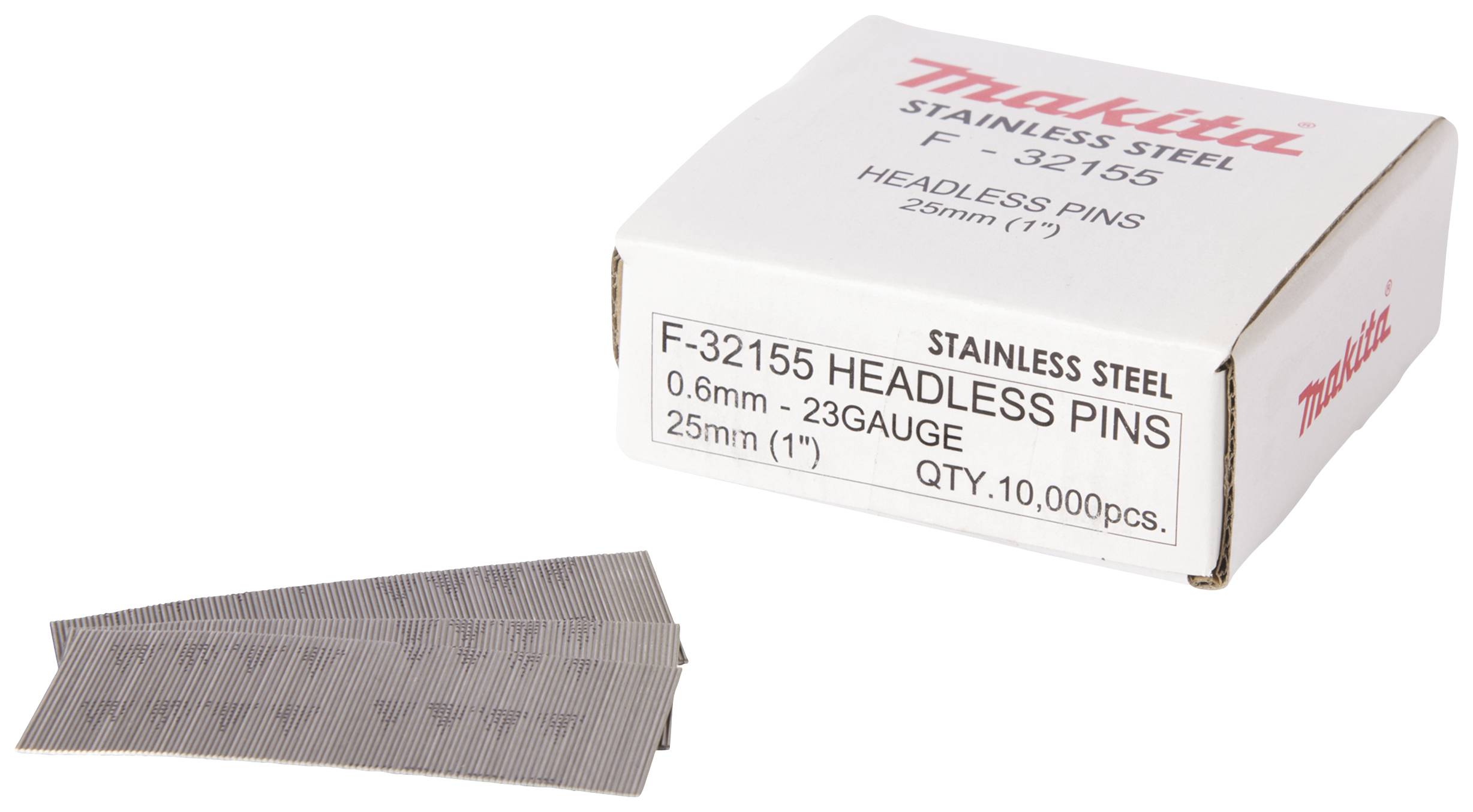 A cardboard box labelled 'Makita Stainless F-32155 Headless Pins, 0.6 mm - 23 Gauge, 25 mm (1