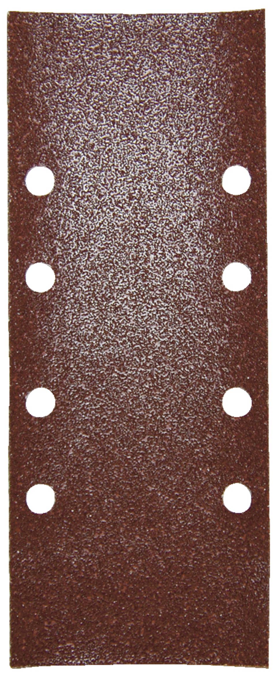 Brown sandpaper with eight circular holes in two rows; used for smoothing surfaces.