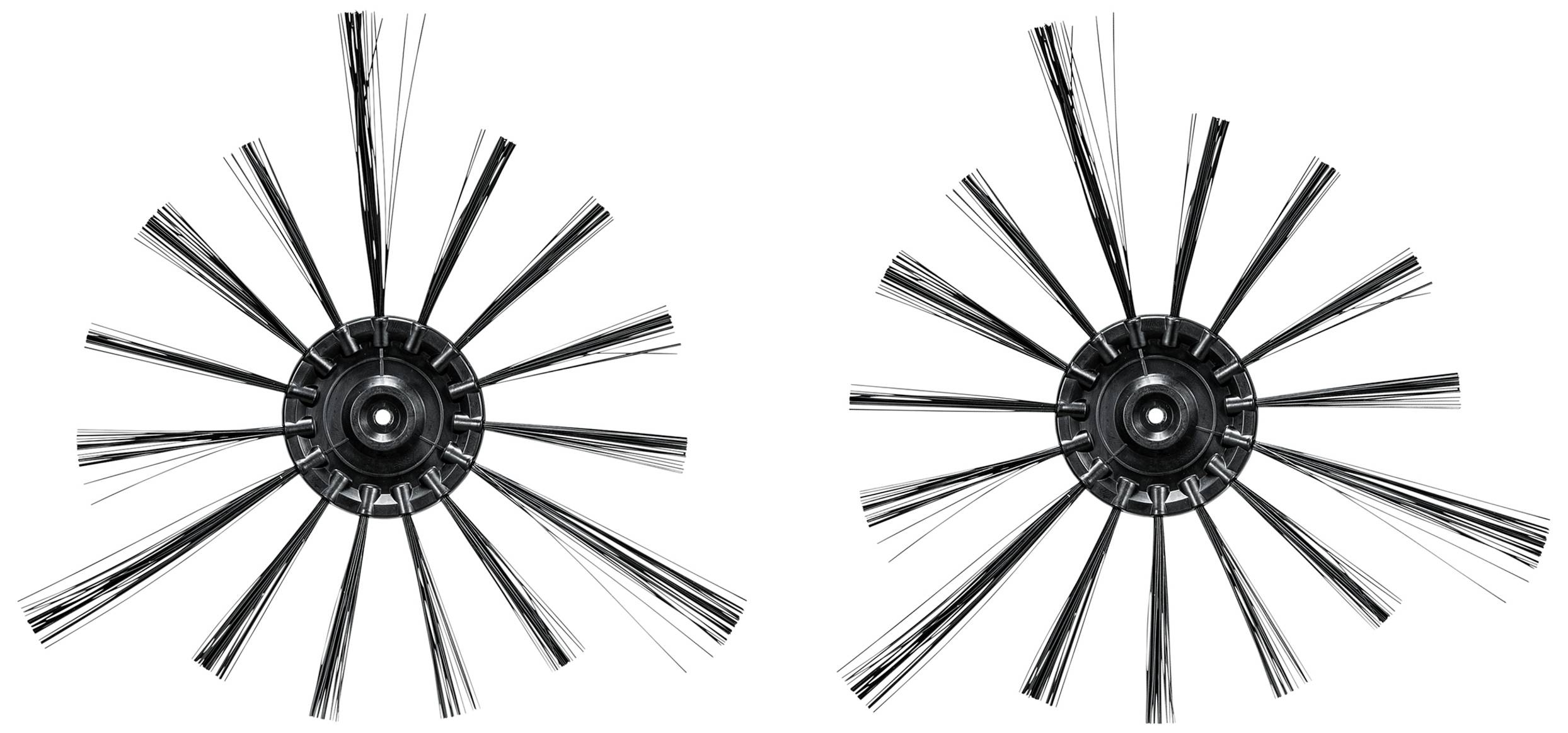 Two round brushes with long bristles, black, side by side. They appear uniform and symmetrical.