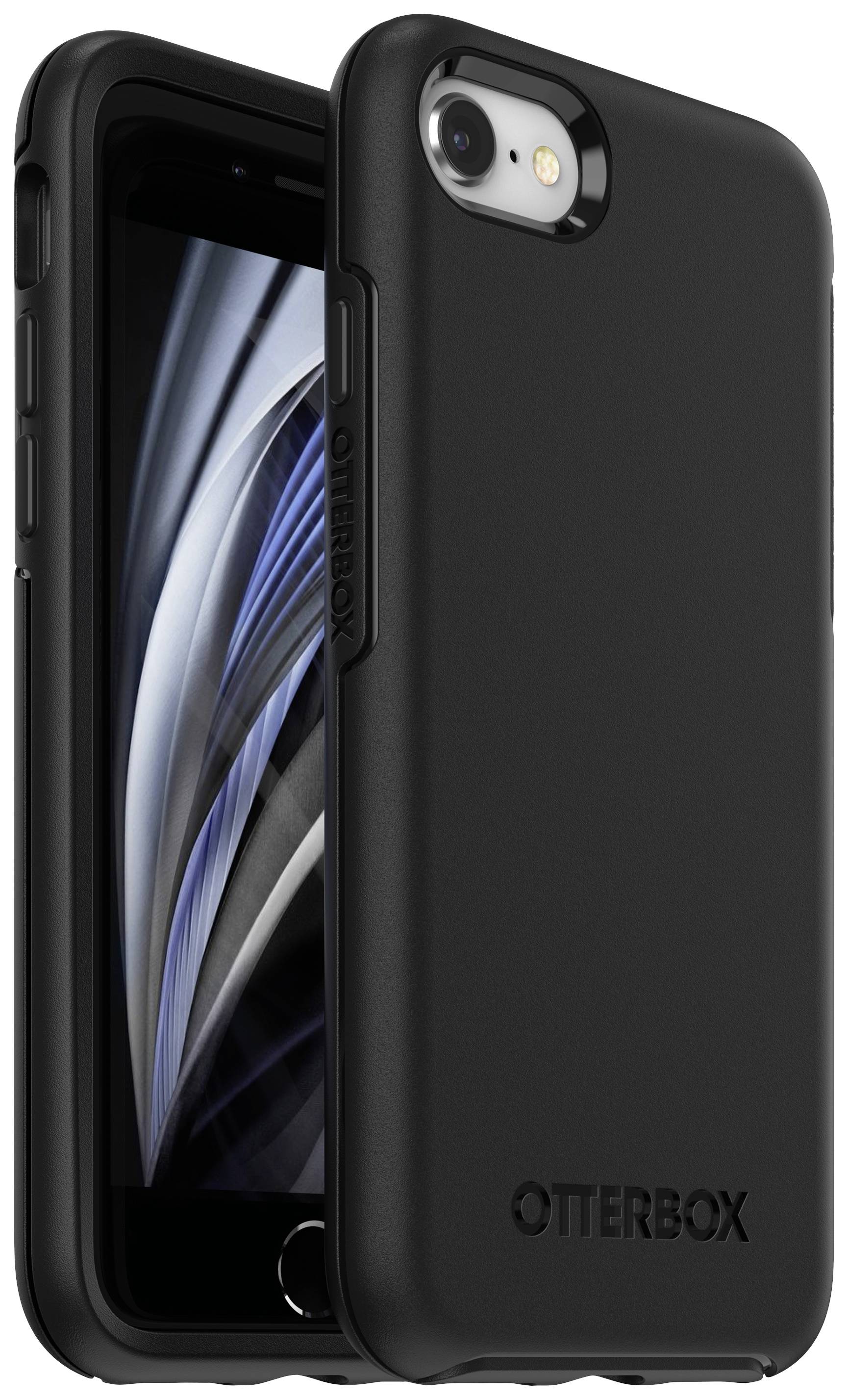The image depicts a smartphone, protected by a robust, black Otterbox case. The display shows an abstract image.