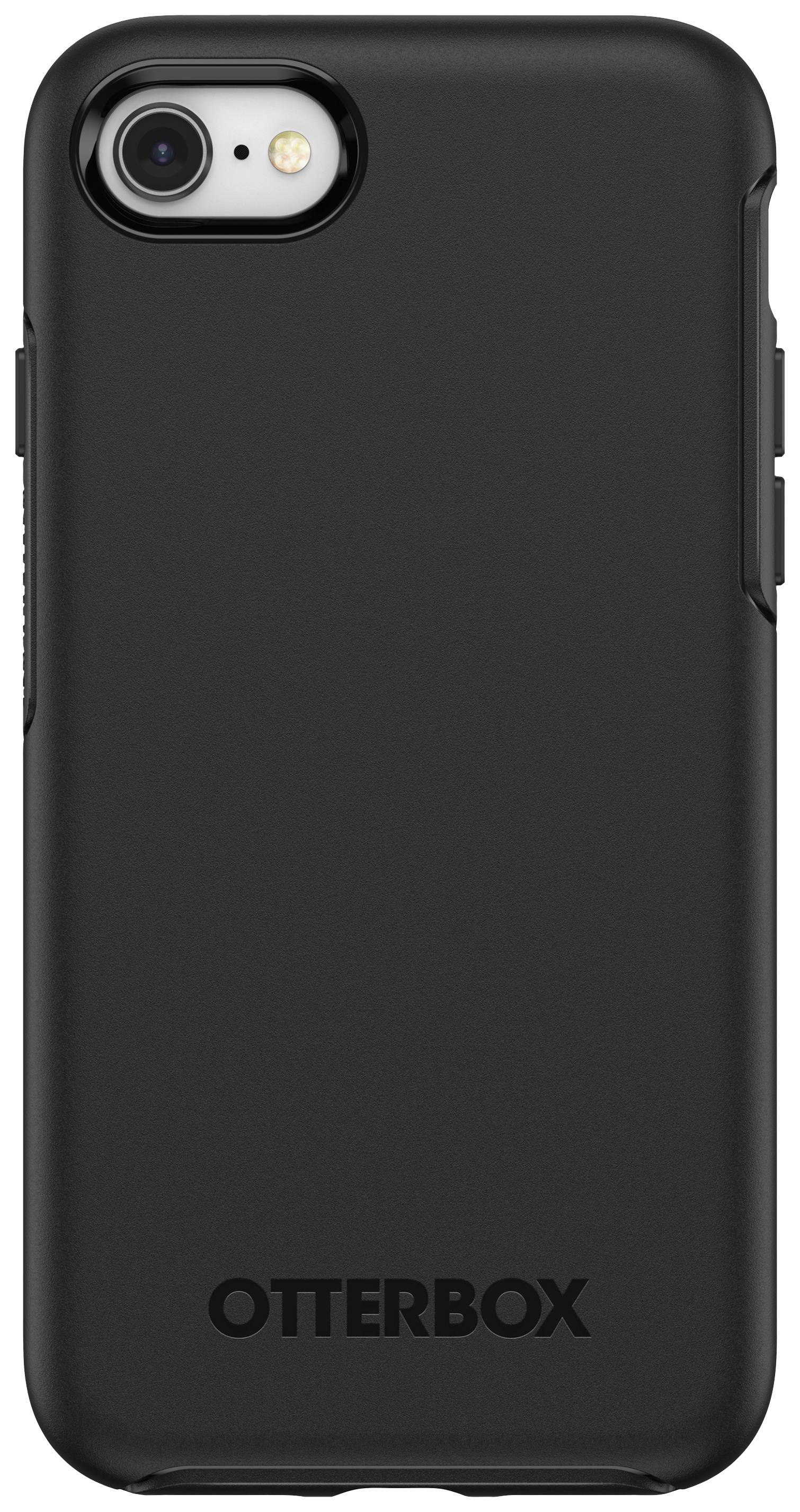 A black smartphone case by Otterbox, with a minimalist design, revealing the camera opening and company logo at the bottom edge.