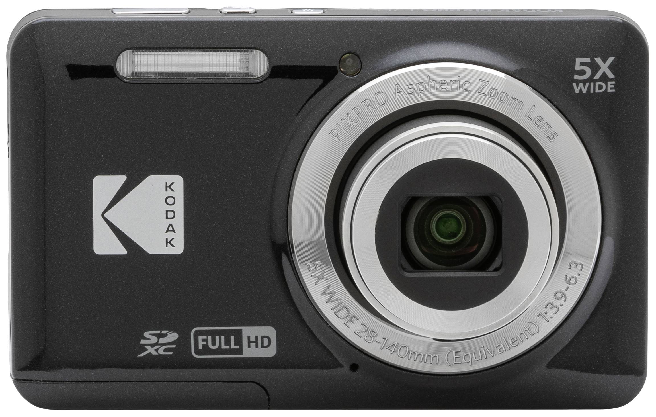 Black digital camera with 5x zoom lens and Full HD video recording function. Brand logo and lens details visible.