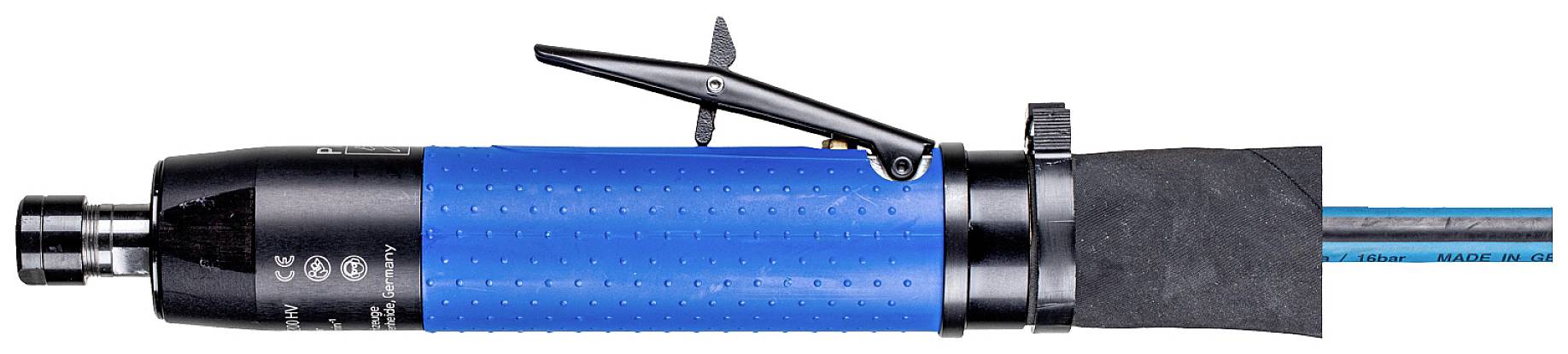 A blue, pneumatic angle grinder with a black handle and trigger. The tool is suitable for machining workpieces.