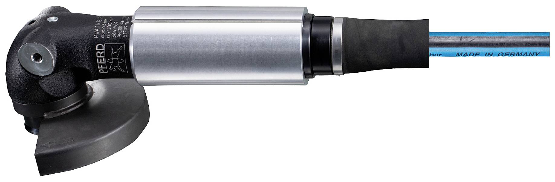 Pneumatic angle grinder, silver and black, positioned horizontally, with handle and blue air intake, suitable for industrial applications.